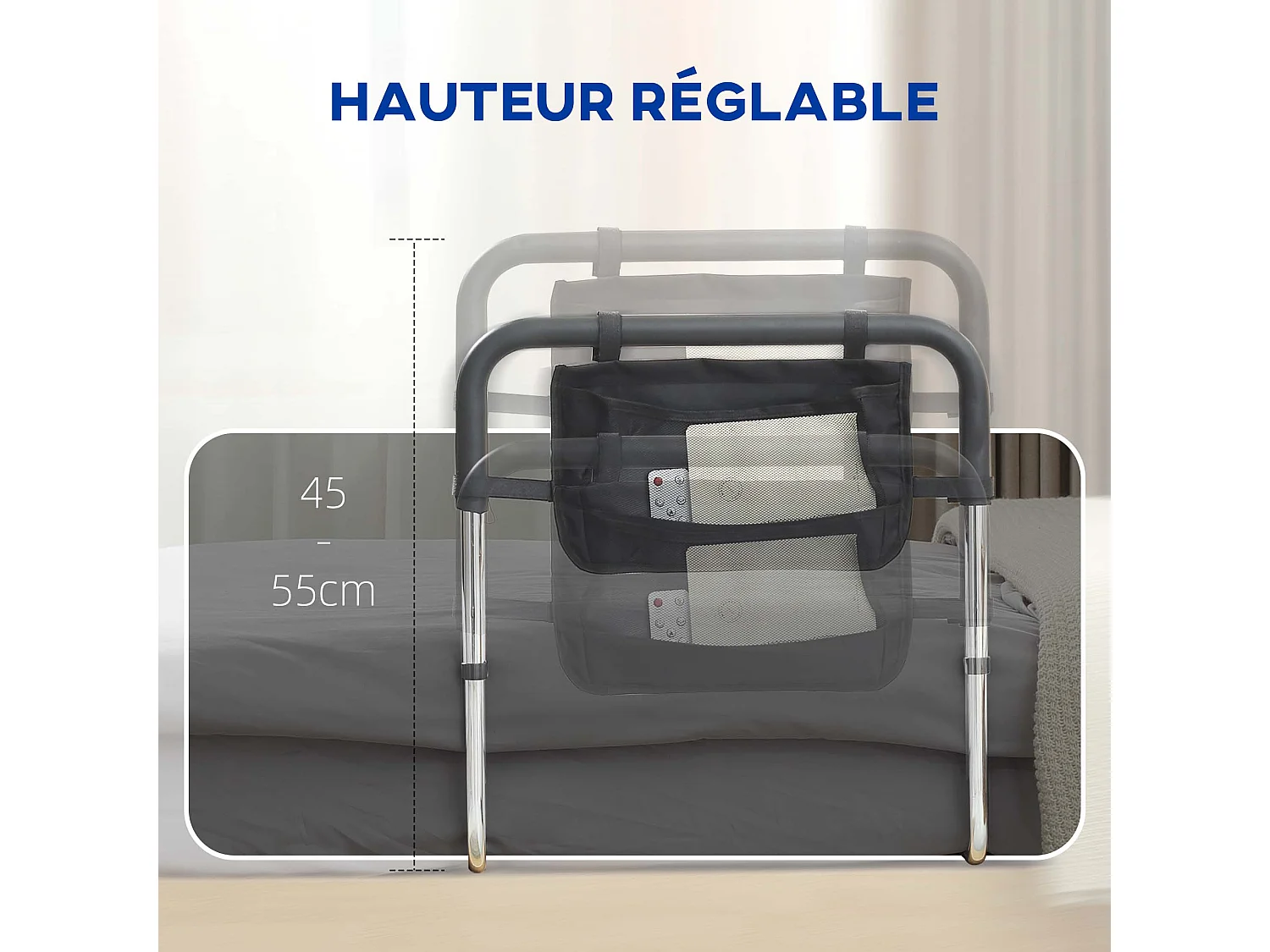 Barre de redressement de lit réglable en hauteur - poignée d'appui pour le lit - barre d'appui de lit avec rangement - acier noir