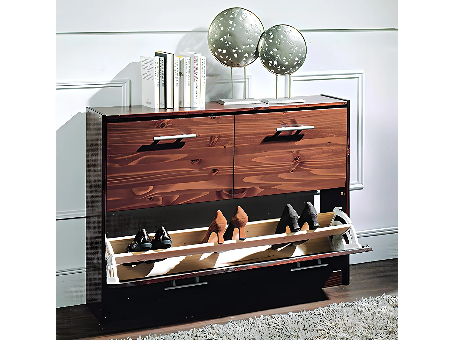 Commode Meuble à chaussures en pin massif coloris noyer - L. 110 x P. 23 x H. 80 cm