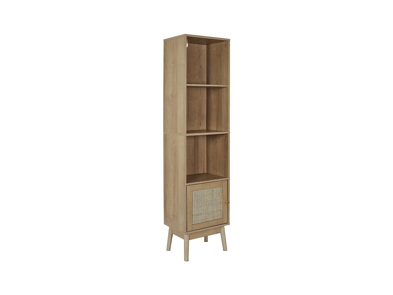 MAYA - Rangement Colonne 3 Etagères 1 Porte Effet Bois et Façades Rotin