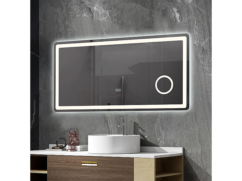 Miroir salle de bain LED 90x60cm anti buée avec LED 3 couleurs et loupe x3 LB-3612