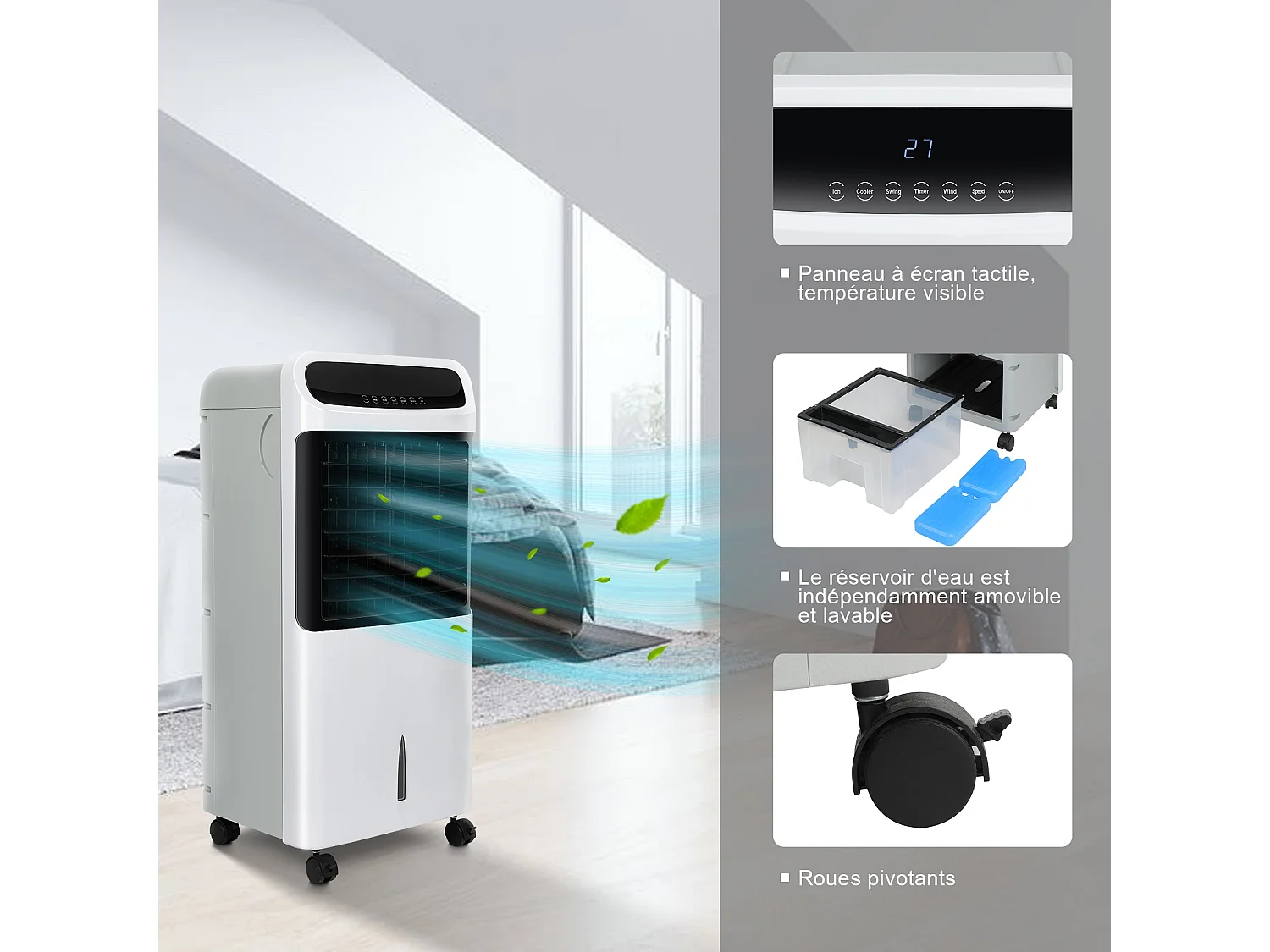 Rafraîchisseur d’Air, Humidificateur, Ventilateur, Minuterie 12 heures, Refroidisseur, Télécommande