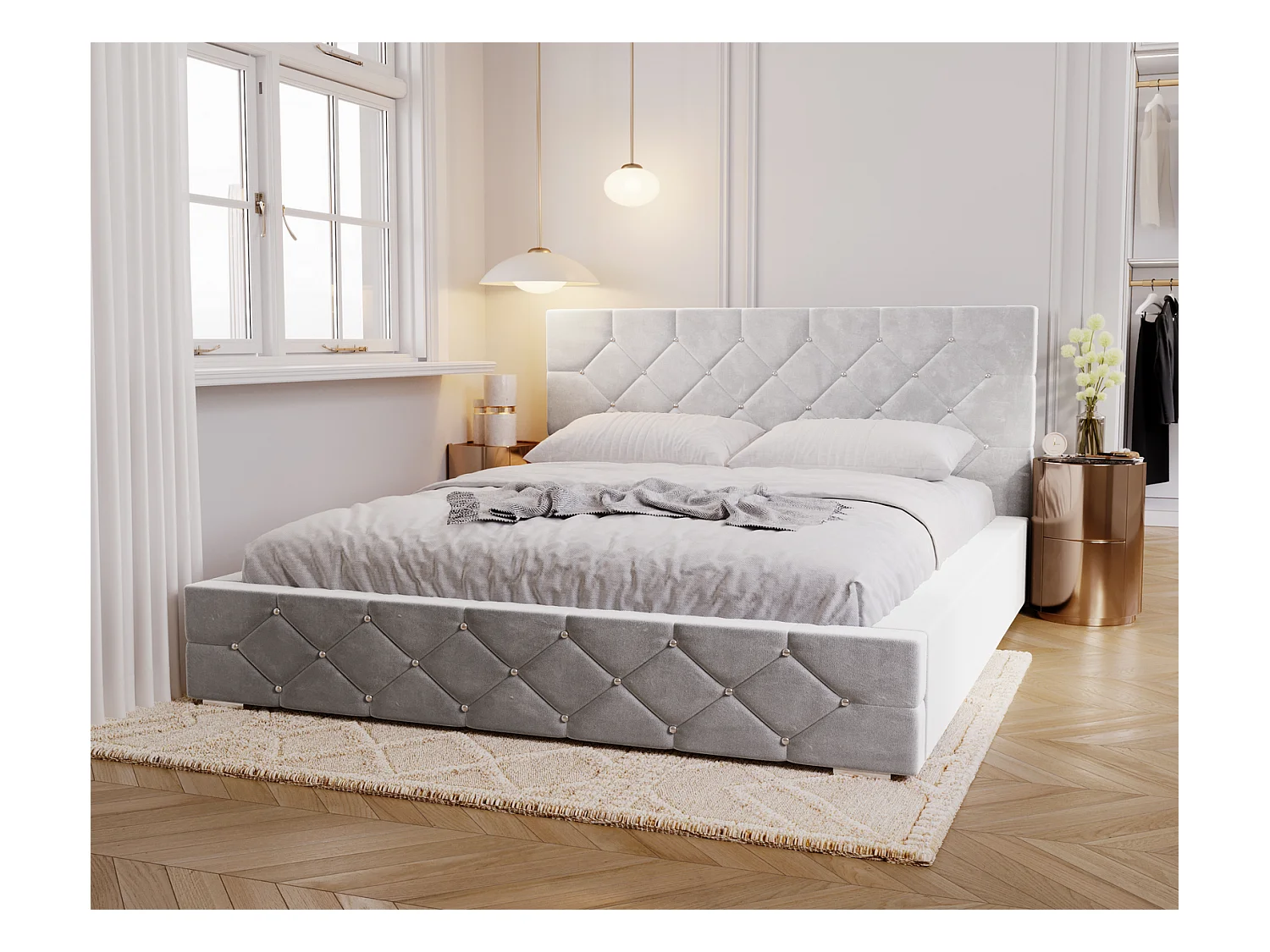 Emporius Lit capitonné 140x200 Solar, Lit double 140 x 200 cm, lit adulte avec Rangment, stoff Velours Gris clair (Magic Velvet 2218)
