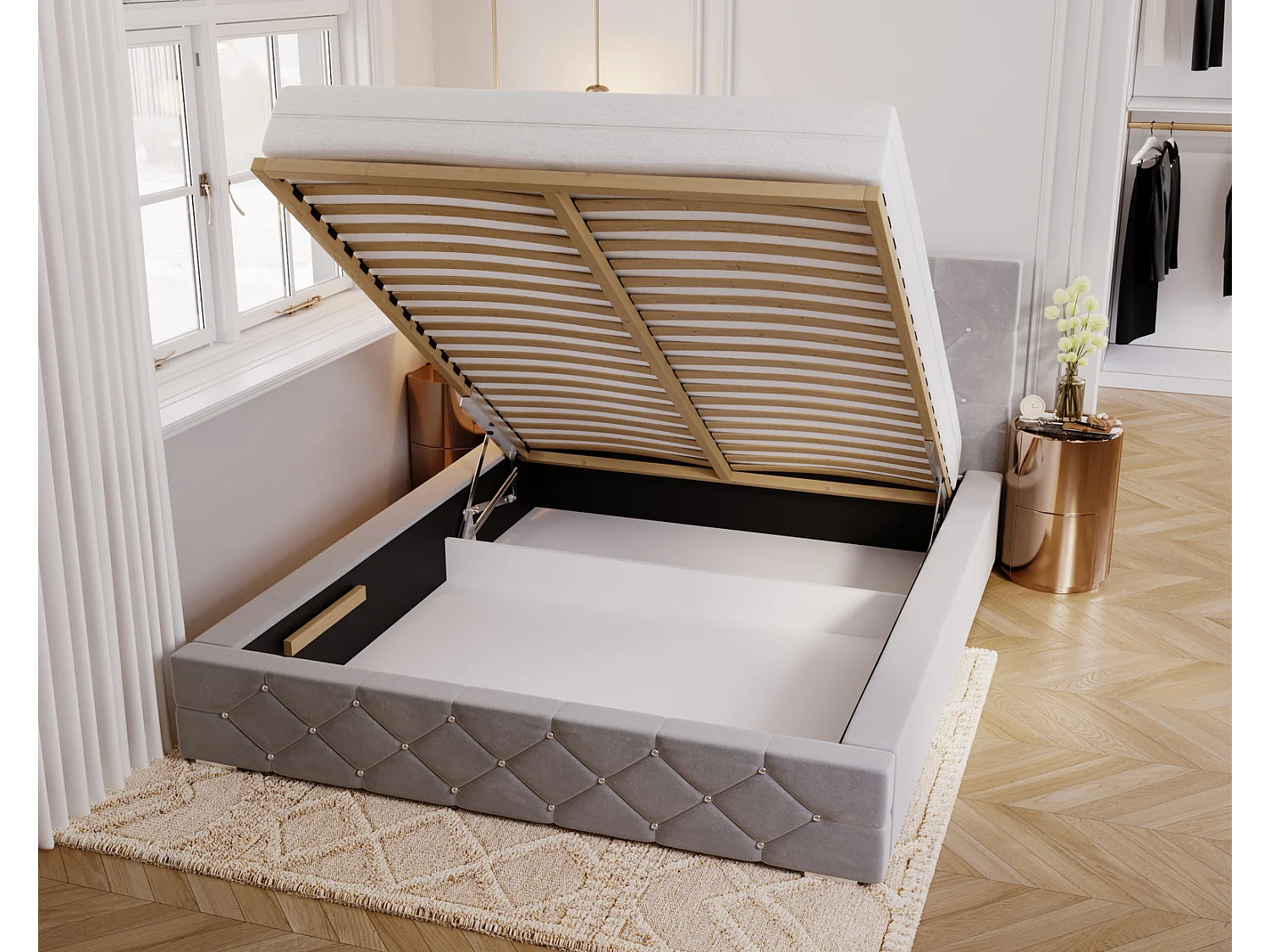 Emporius Lit capitonné 140x200 Solar, Lit double 140 x 200 cm, lit adulte avec Rangment, stoff Velours Gris clair (Magic Velvet 2218)