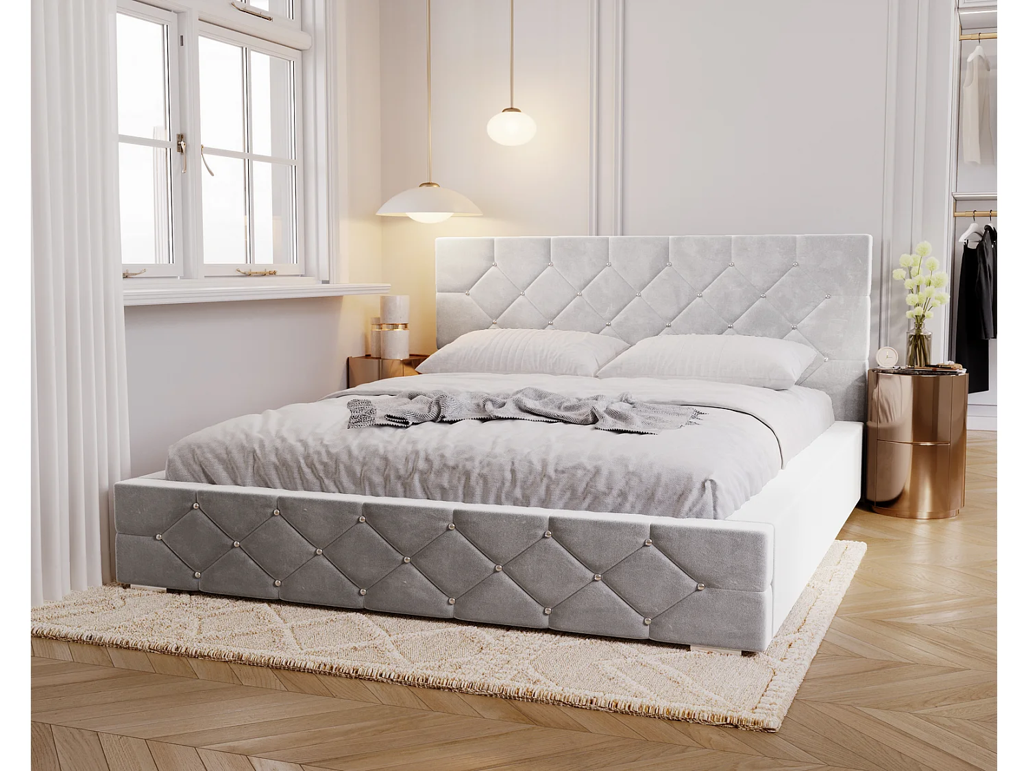 Emporius Lit capitonné 140x200 Solar, Lit double 140 x 200 cm, lit adulte avec Rangment, stoff Velours Gris clair (Magic Velvet 2218)