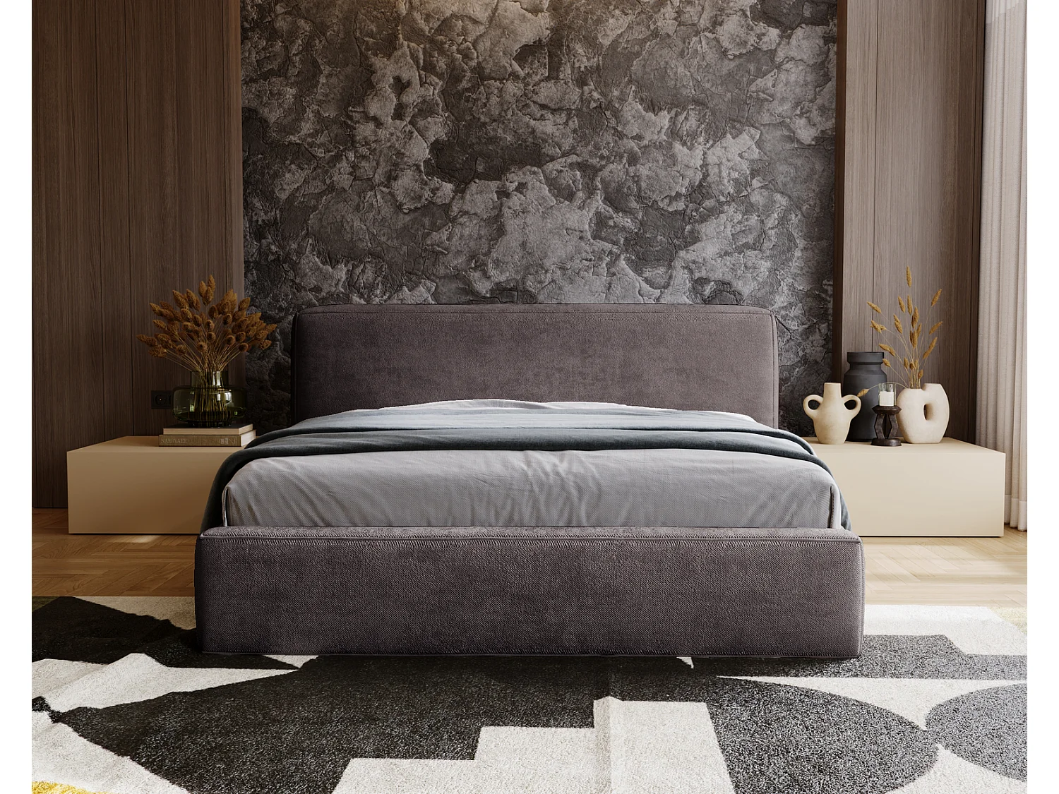 Emporius Vitoria łóżko tapicerowane 160x200 cm - łóżko w nowoczesnym stylu - duże zagłowie, pojemnik i stelaż, ciemny szary (Symphony 20)