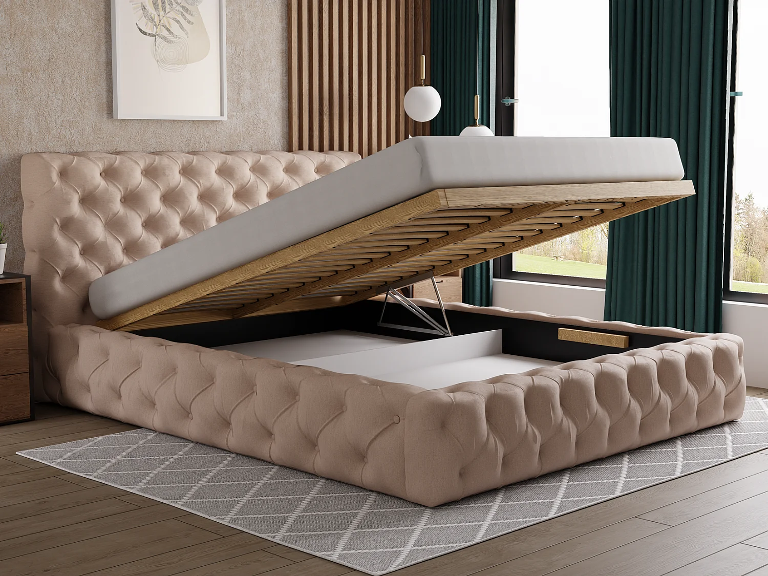Emporius Lit coffre 160x200 Glory - Lit double 160 x 200 cm, lit capitonné, stoff Velours Vert (Kronos 19)
