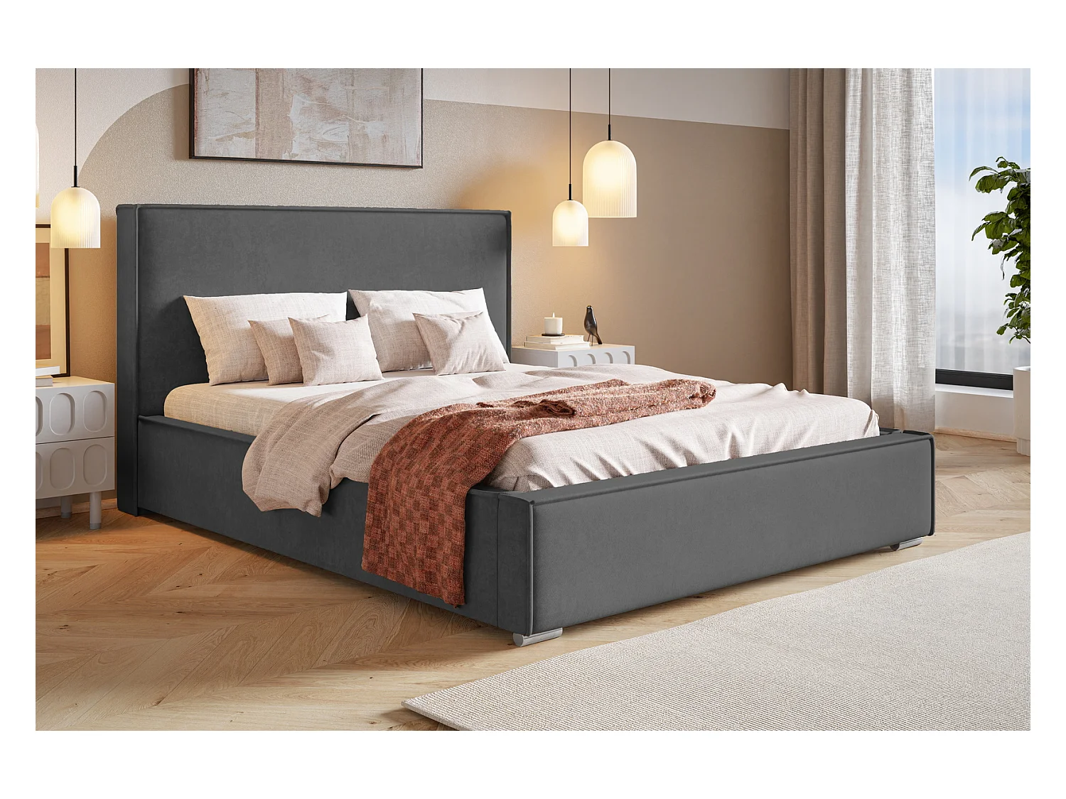 Emporius bed met opbergruimte Sydney - gestoffeerd bed 180x200, fluwelen Donkergrijs (Amor Velvet 4321)