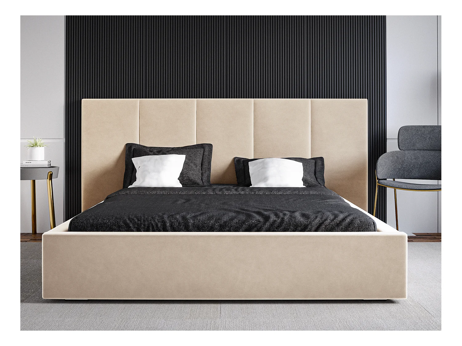 Emporius Lit rembourré 160 x 200 cm Praga - Lit avec Rangement, stoff Beige (Magic Velvet 2201)