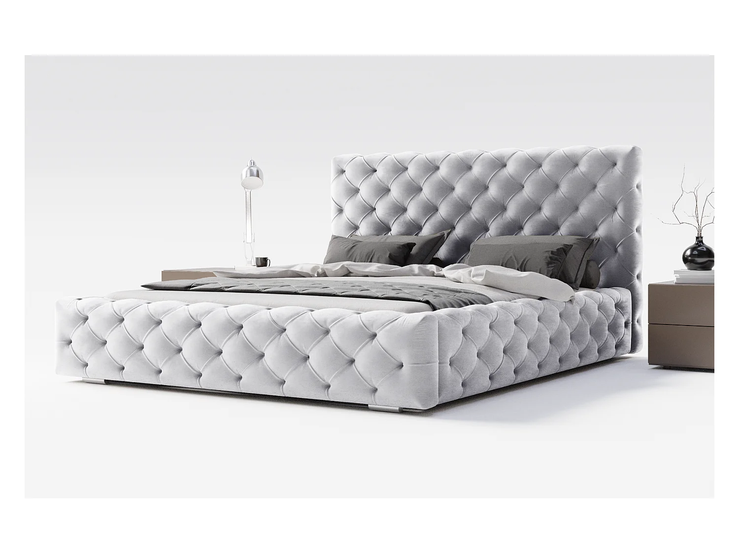 Emporius Lit double avec Rangement, lit 200x200 cm Paris - Lit Adulte, Tissu Gris clair (Magic Velvet 2218)