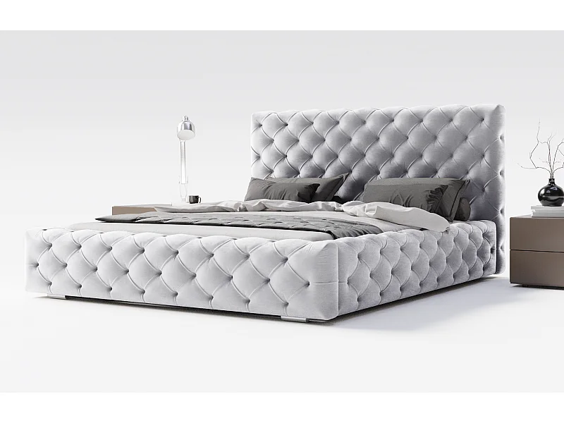 Emporius Lit double avec Rangement, lit 200x200 cm Paris - Lit Adulte, Tissu Gris clair (Magic Velvet 2218)