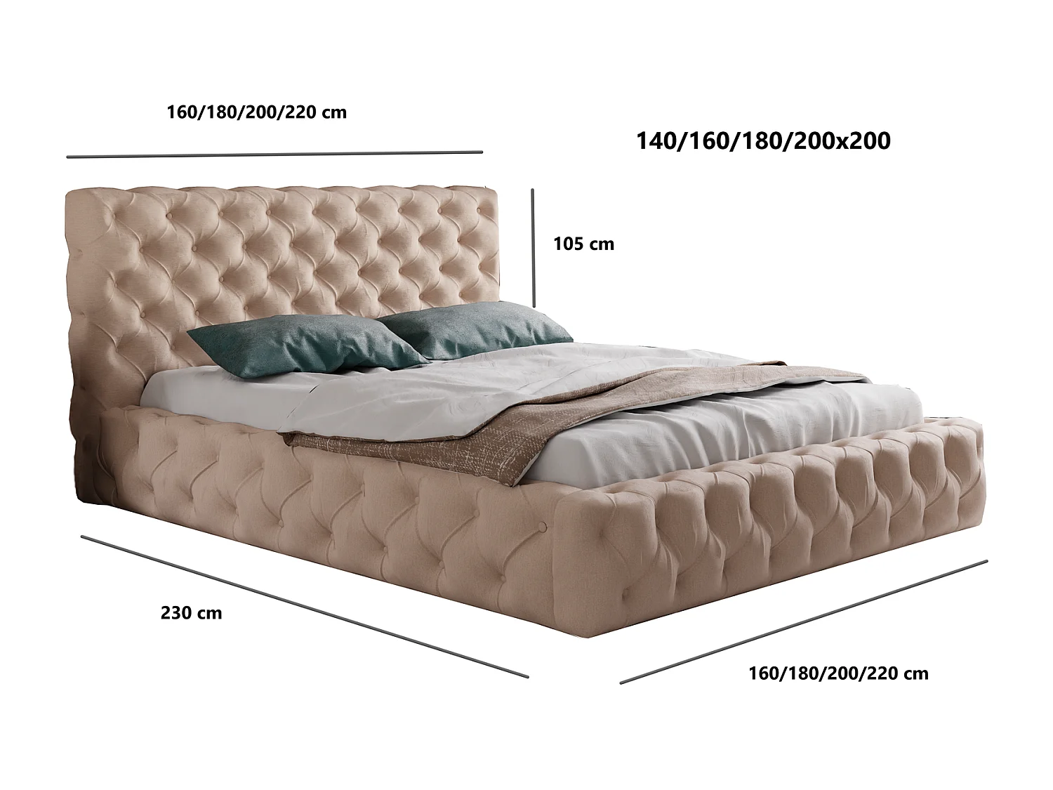 Emporius Lit coffre 200x200 Glory - Lit double 200 x 200 cm, lit capitonné, stoff Velours Beige (Kronos 35)
