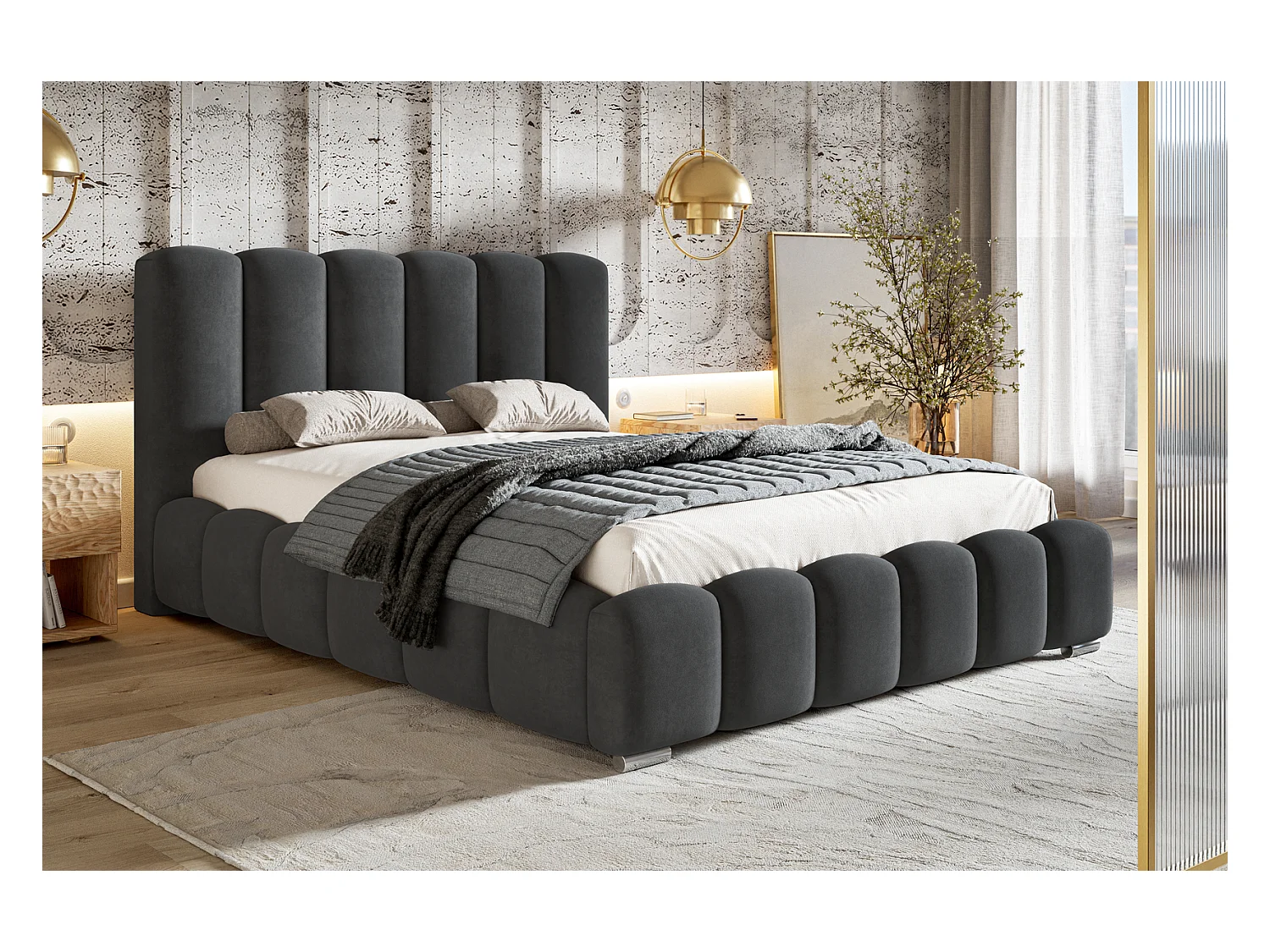 Emporius bed 180x200 cm met opbergruimte Pearl - gestoffeerd bed 180x200, fluwelen Donkergrijs (Amor Velvet 4321)