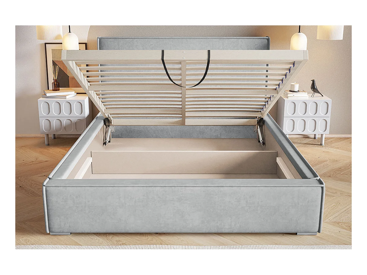 Emporius lit double 140 x 200 Sydney - Lit avec Rangement, Meubles de fabricant - Lit design tissu Beige (Amor Velvet 4323)