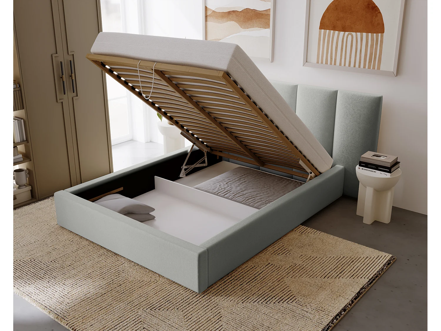 Emporius Polsterbett 180x200 Roma Slim - Bett vom Hersteller, mit Bettkasten, Bouclé stoff, dickem Schaumstoff (Hellgrau - Anthology 15)