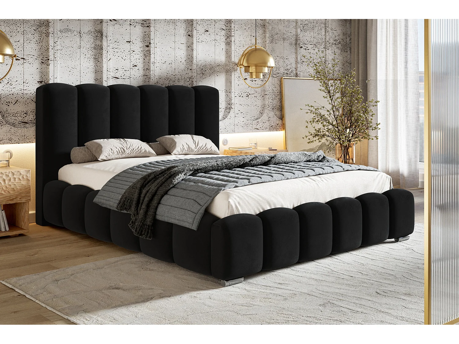 Emporius Polsterbett 160x200 Pearl, Doppelbett, Bettkasten, Lattenrost - Velvet Schwarz (Amor Velvet 4322)