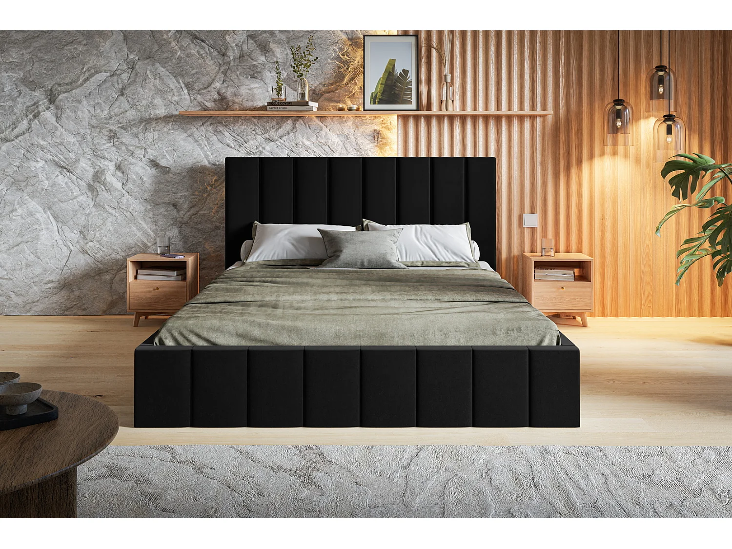 Emporius tweepersoonsbed 160 x 200 cm Moris - bed met opbergruimte, bed 160x200 cm - fluweel Zwart (Jasmine 100)