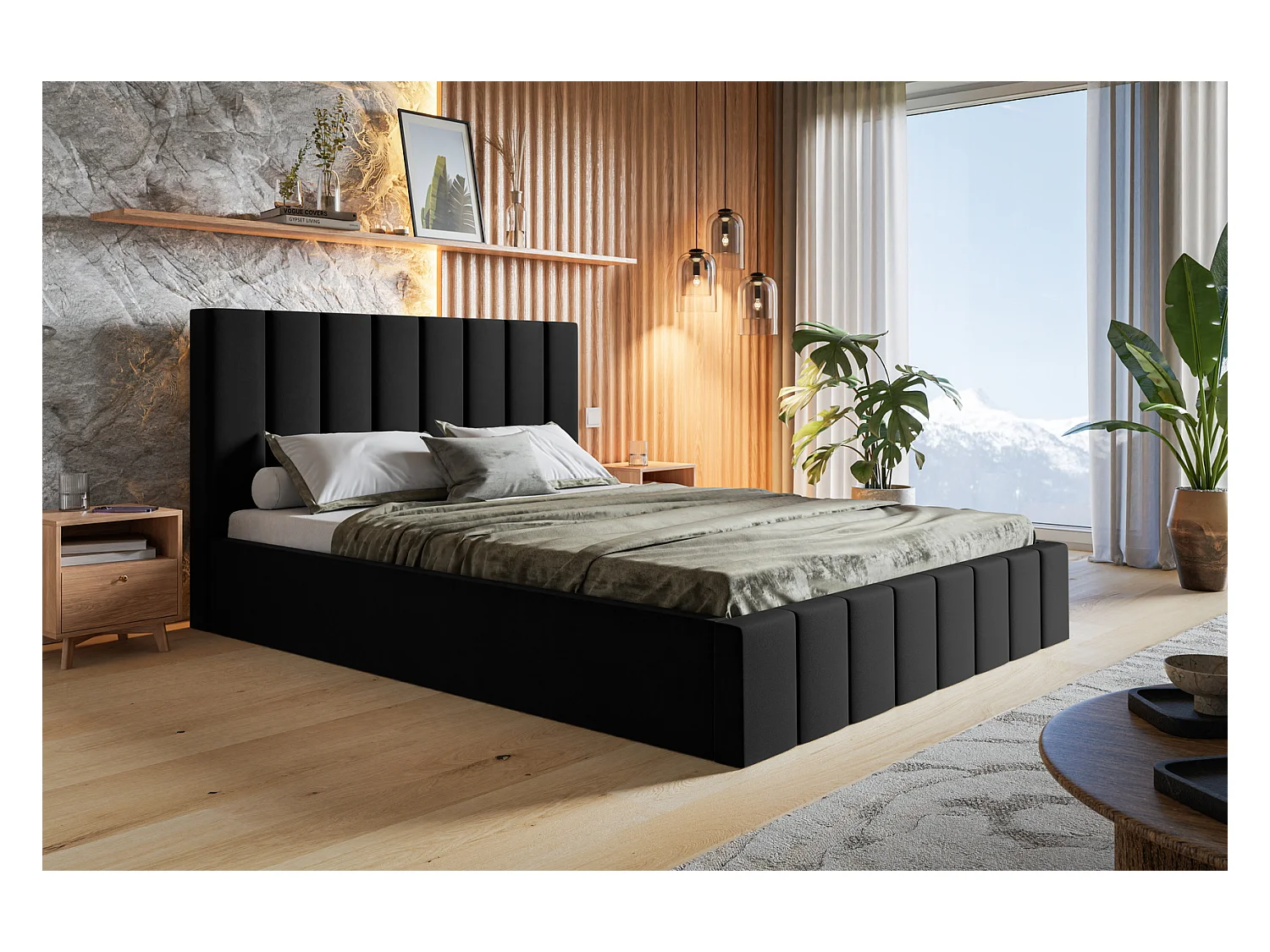 Emporius Lit avec Rangment 160 x 200 cm Moris - Tissu Velours & Sommier, Lit adulte 160x200 cm - Velvet Noir (Jasmine 100)