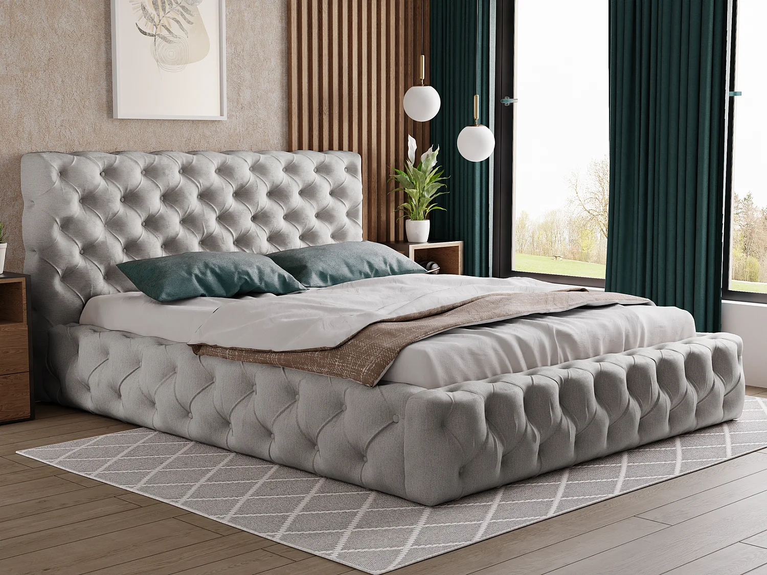 Emporius Lit coffre 200x200 Glory - Lit double 200 x 200 cm, lit capitonné, stoff Velours Gris (Paros 5)