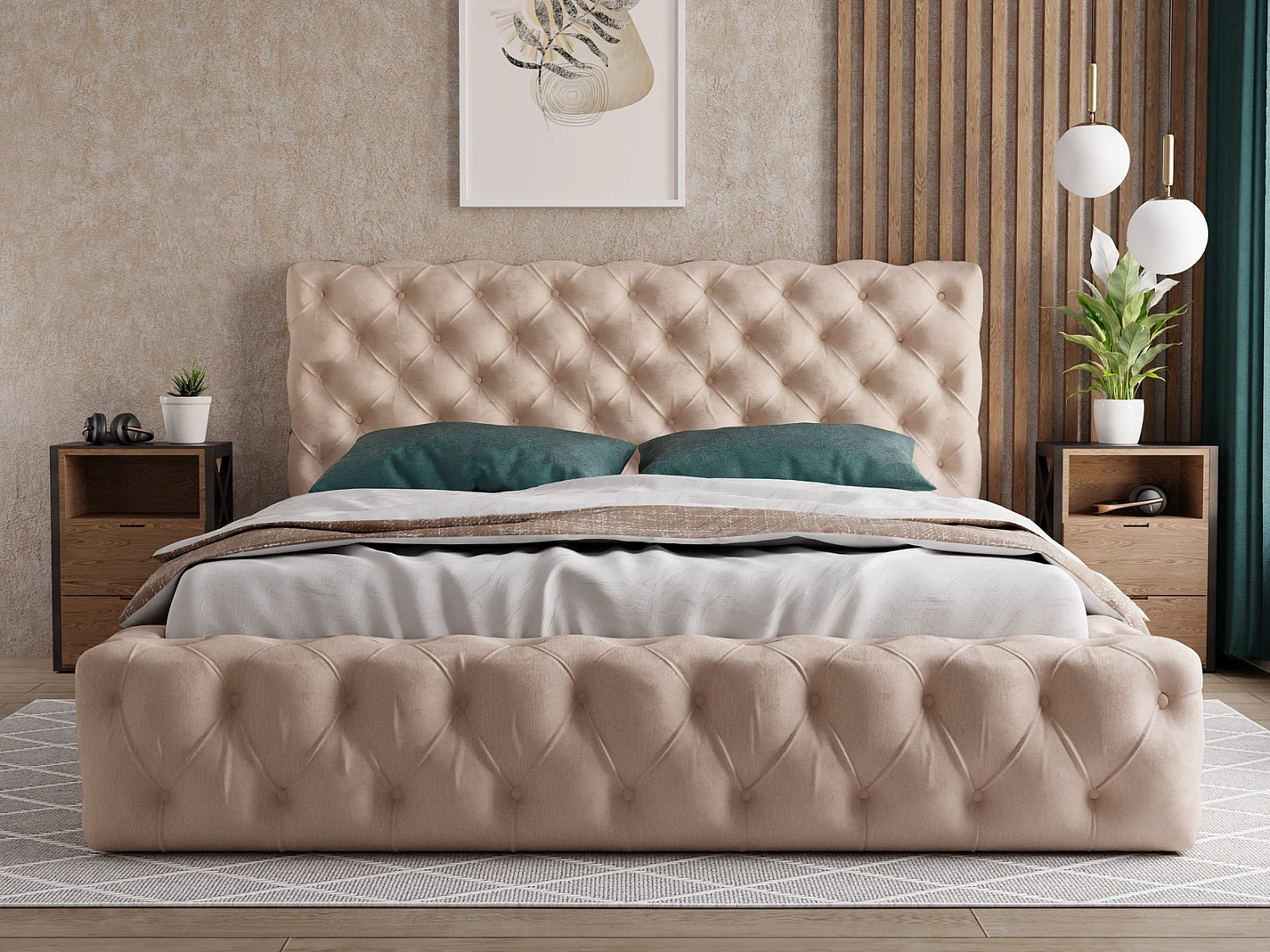 Emporius Lit coffre 140x200 Glory - Lit double 140 x 200 cm, lit capitonné, stoff Velours Beige (Kronos 35)