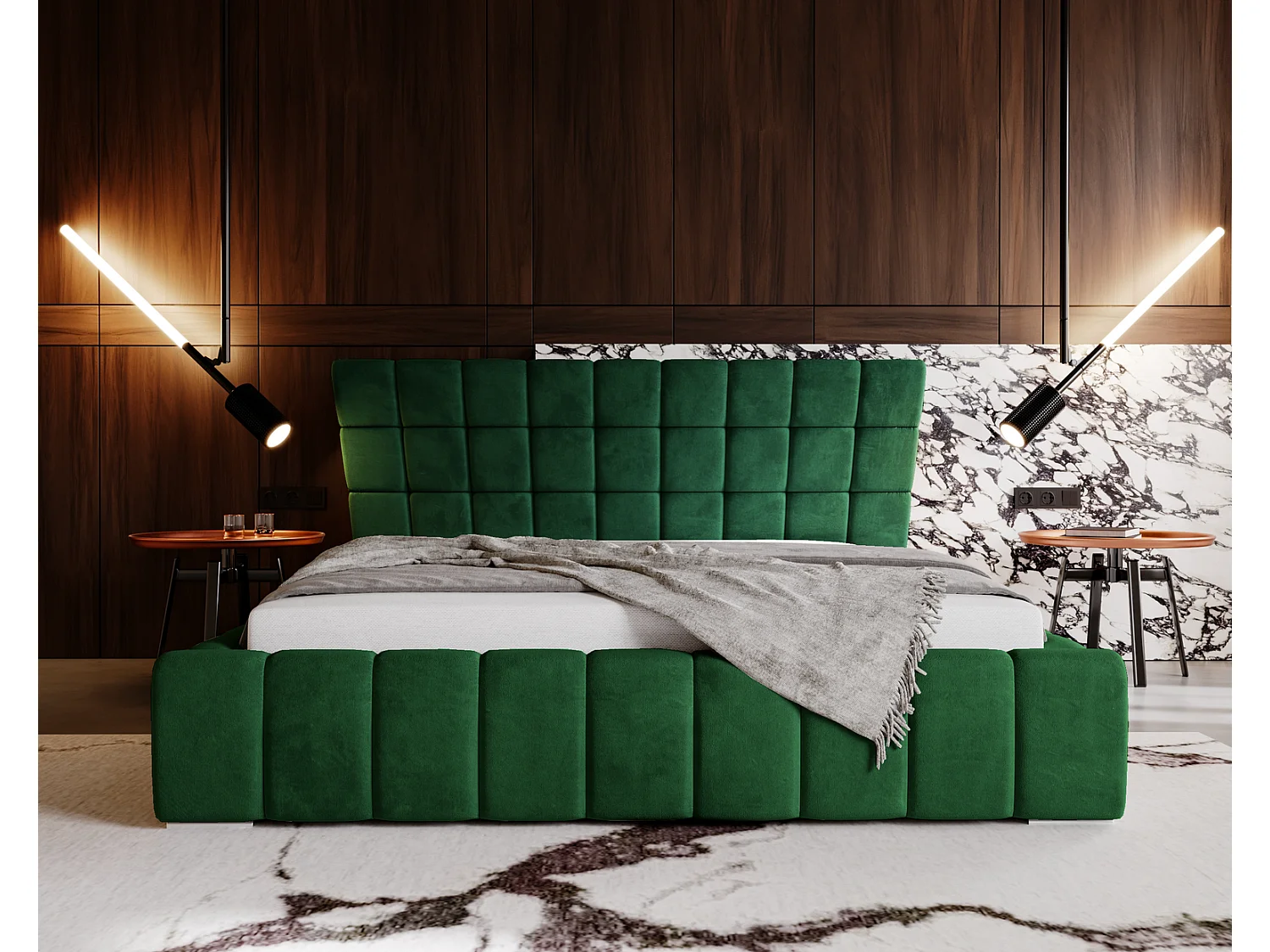 Emporius Deluxe łóżko tapicerowane 140x200 cm - łóżko przeszywane w nowoczesnym stylu - pojemnik i stelaż, tkanina aksamitna, zielony (Magic Velvet 2225)