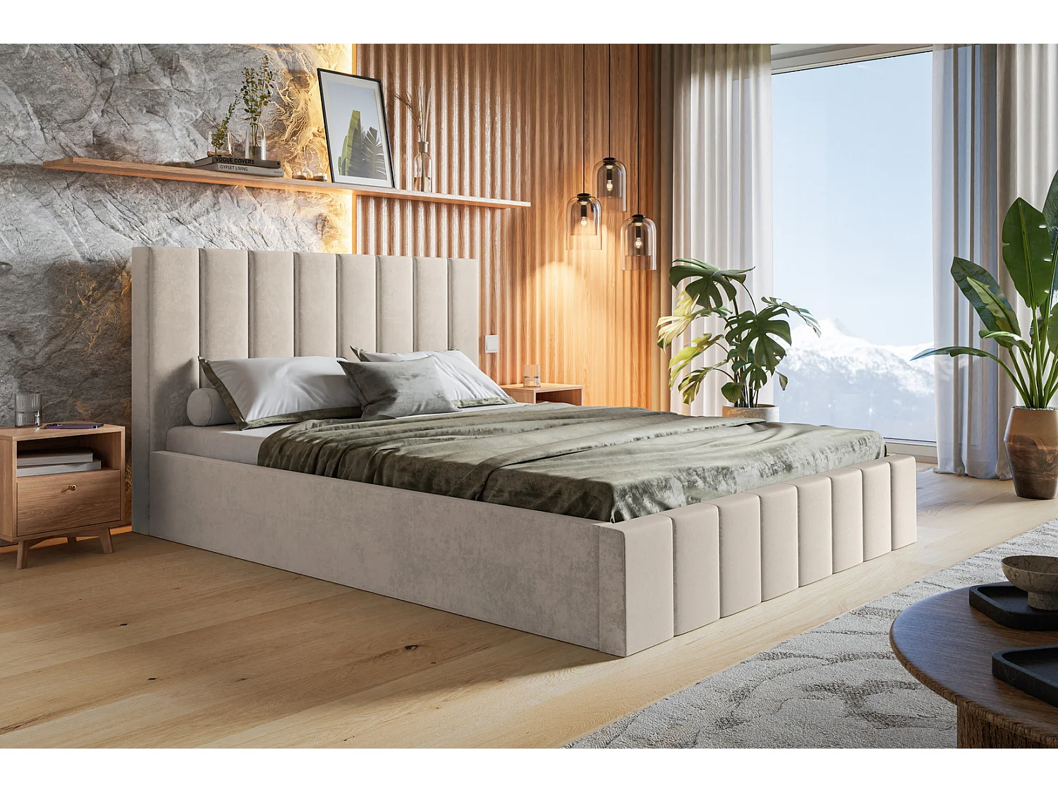 Emporius tweepersoonsbed 180 x 200 cm Moris - bed met opbergruimte, bed 180x200 cm - fluweel Beige (Jasmine 21)