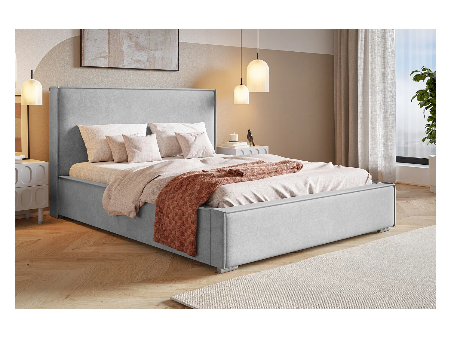 Emporius lit double 200 x 200 Sydney - Lit avec Rangement, Meubles de fabricant - Lit design tissu Gris (Amor Velvet 4318)