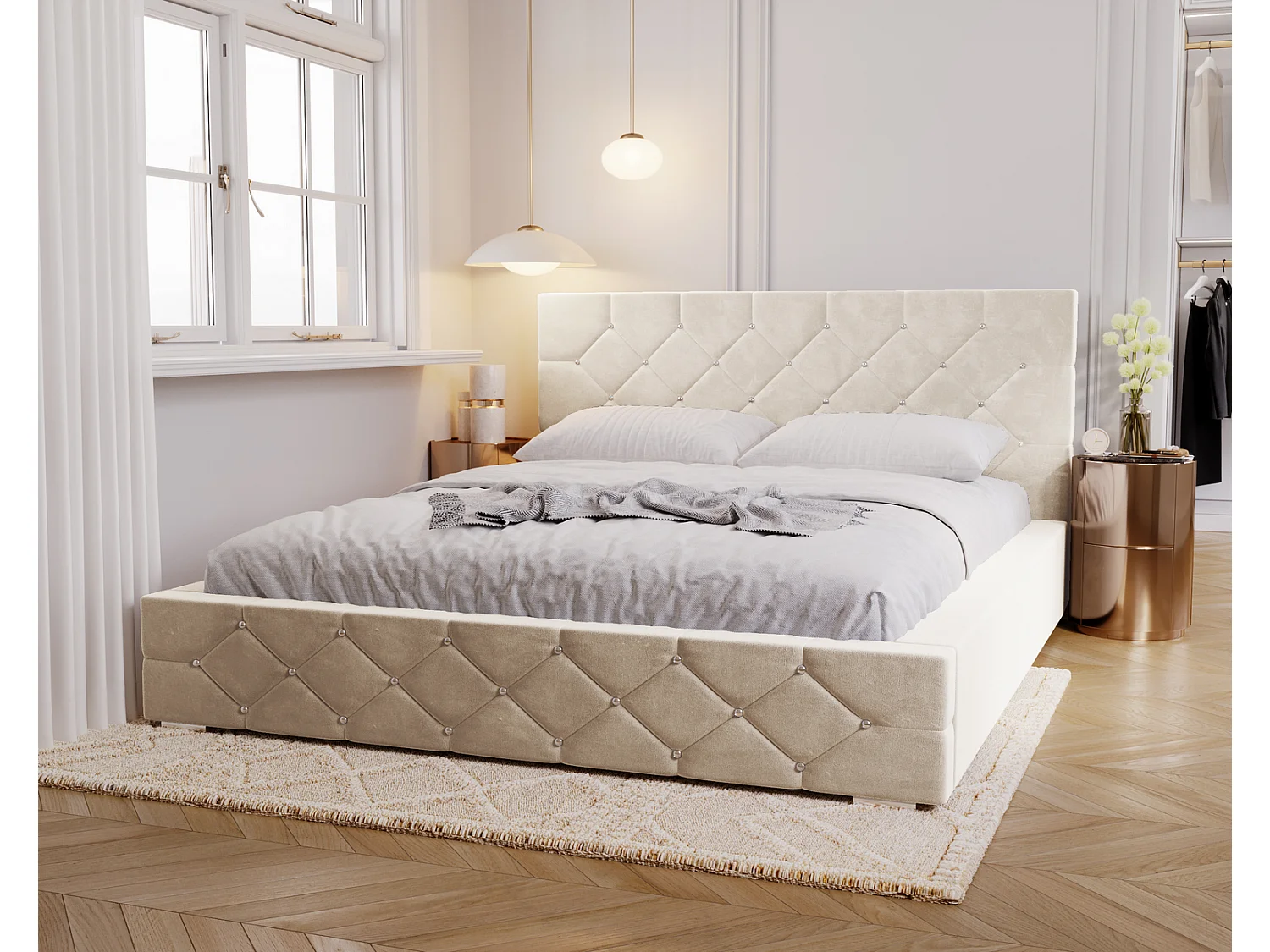 Emporius Lit capitonné 140x200 Solar, Lit double 140 x 200 cm, lit adulte avec Rangment, stoff Velours Beige (Magic Velvet 2201)
