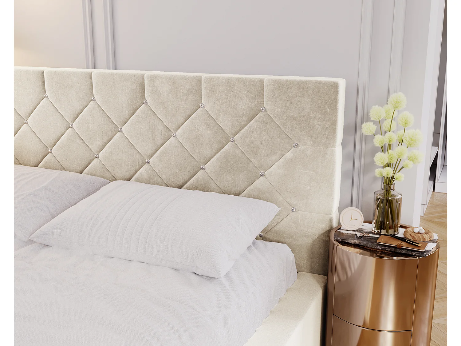 Emporius Lit capitonné 140x200 Solar, Lit double 140 x 200 cm, lit adulte avec Rangment, stoff Velours Beige (Magic Velvet 2201)