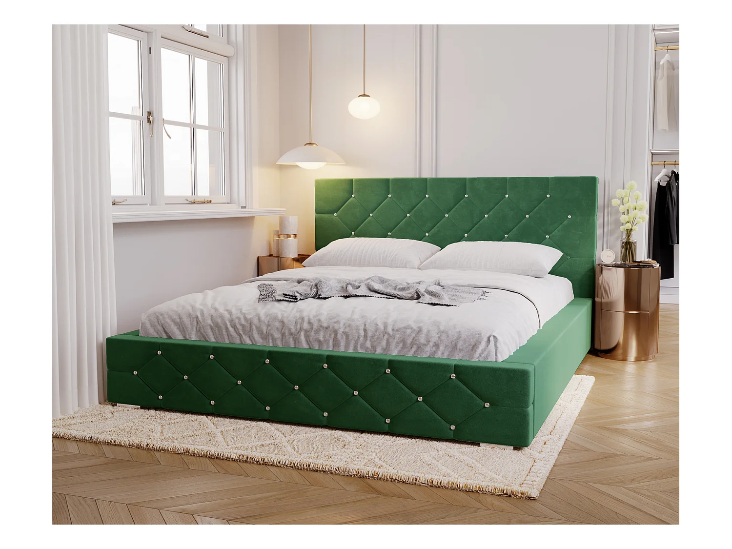 Emporius Lit capitonné 140x200 Solar, Lit double 140 x 200 cm, lit adulte avec Rangment, stoff Velours Vert (Magic Velvet 2225)