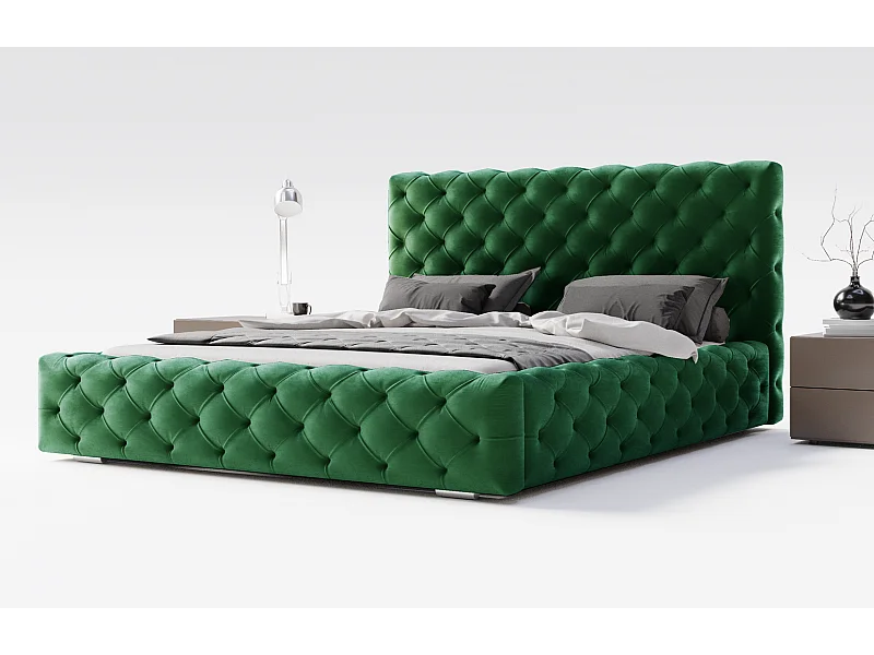 Emporius Paris łóżko tapicerowane 180x200 cm - glamour, pikowanie chesterfield - łóżko dwuosobowe z pojemnikiem, tkanina aksamitna, zielony (Magic Velvet 2225)
