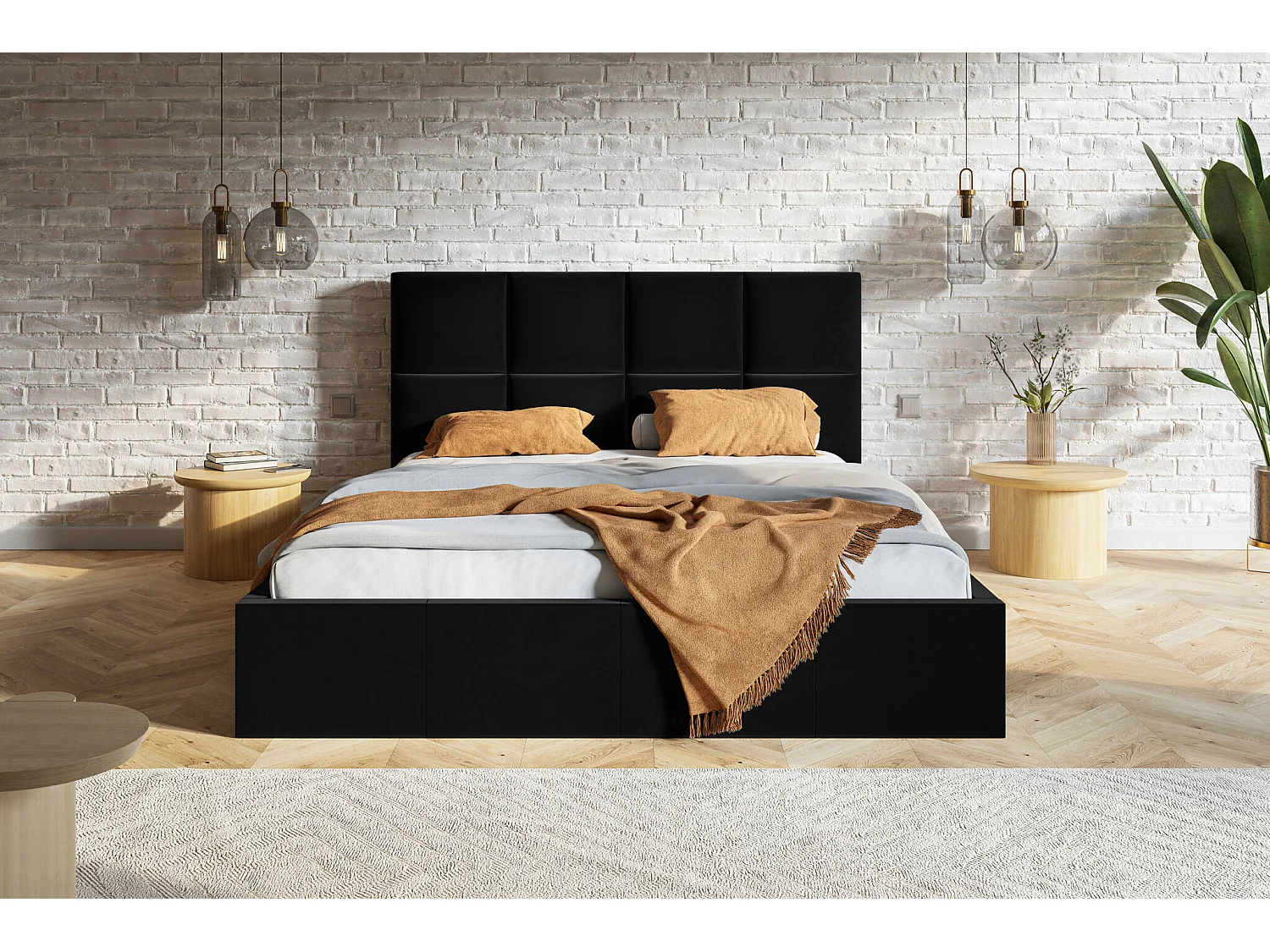 Gestoffeerd bed 140 x 200 Fado - tweepersoonsbed met opbergruimte - fluweel Zwart (Jasmine 100)