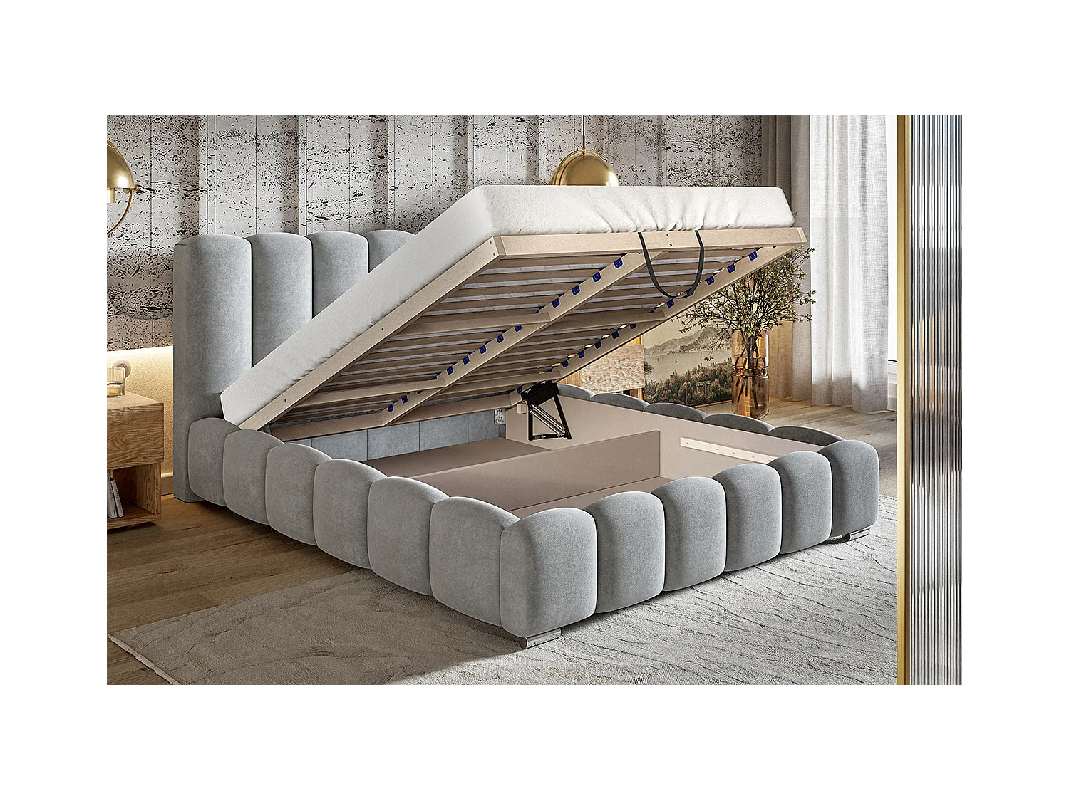 Emporius Lit capitoné 140x200 cm Pearl, Lit double avec sommier à Lattes, lit 140x200 Beige (Amor Velvet 4304)