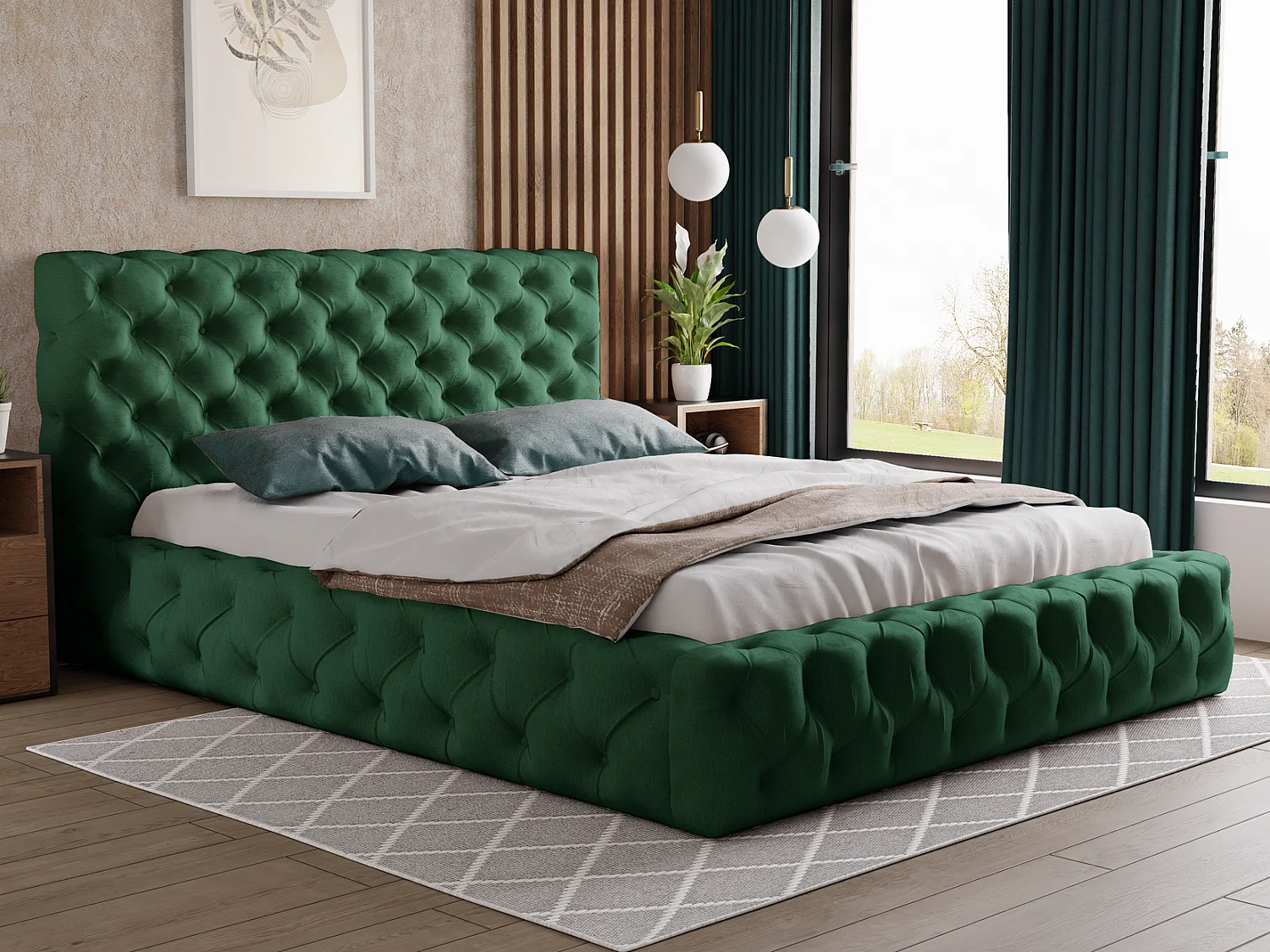 Emporius bed met bedlade 200x200 cm Glory - lattenbodem, tweepersoonsbed 200 x 200, fluweel Groen (Kronos 19)