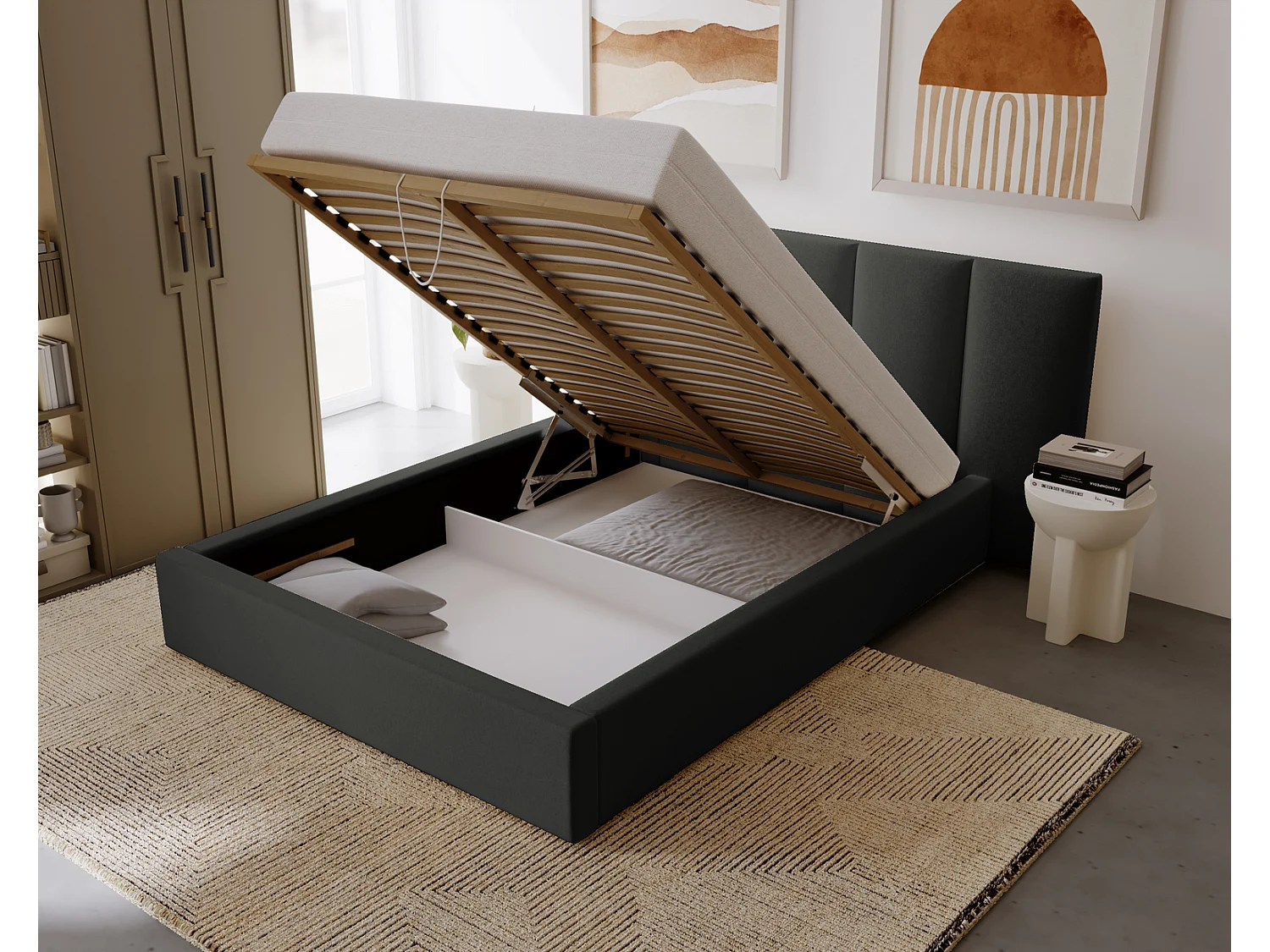 Emporius Polsterbett 160x200 Roma Slim - Bett vom Hersteller, mit Bettkasten, Velvet stoff, dickem Schaumstoff (Dunkelgrau  - Amor Velvet 4321)
