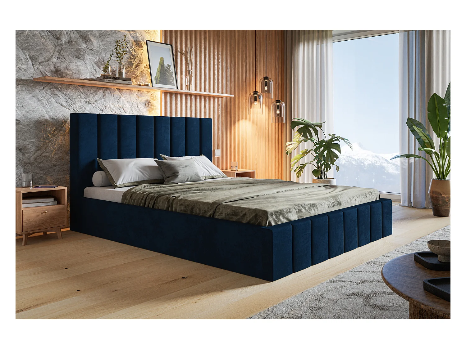Emporius Lit avec Rangment 180 x 200 cm Moris - Tissu Velours & Sommier, Lit adulte 180x200 cm - Velvet Bleu (Kronos 09)