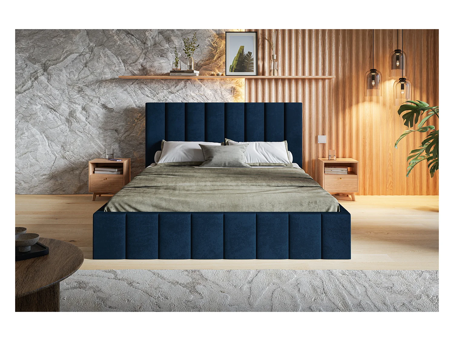 Emporius Lit avec Rangment 180 x 200 cm Moris - Tissu Velours & Sommier, Lit adulte 180x200 cm - Velvet Bleu (Kronos 09)