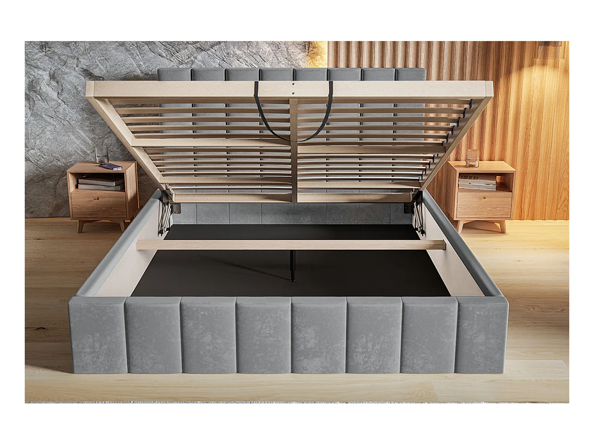 Emporius Lit avec Rangment 180 x 200 cm Moris - Tissu Velours & Sommier, Lit adulte 180x200 cm - Velvet Bleu (Kronos 09)