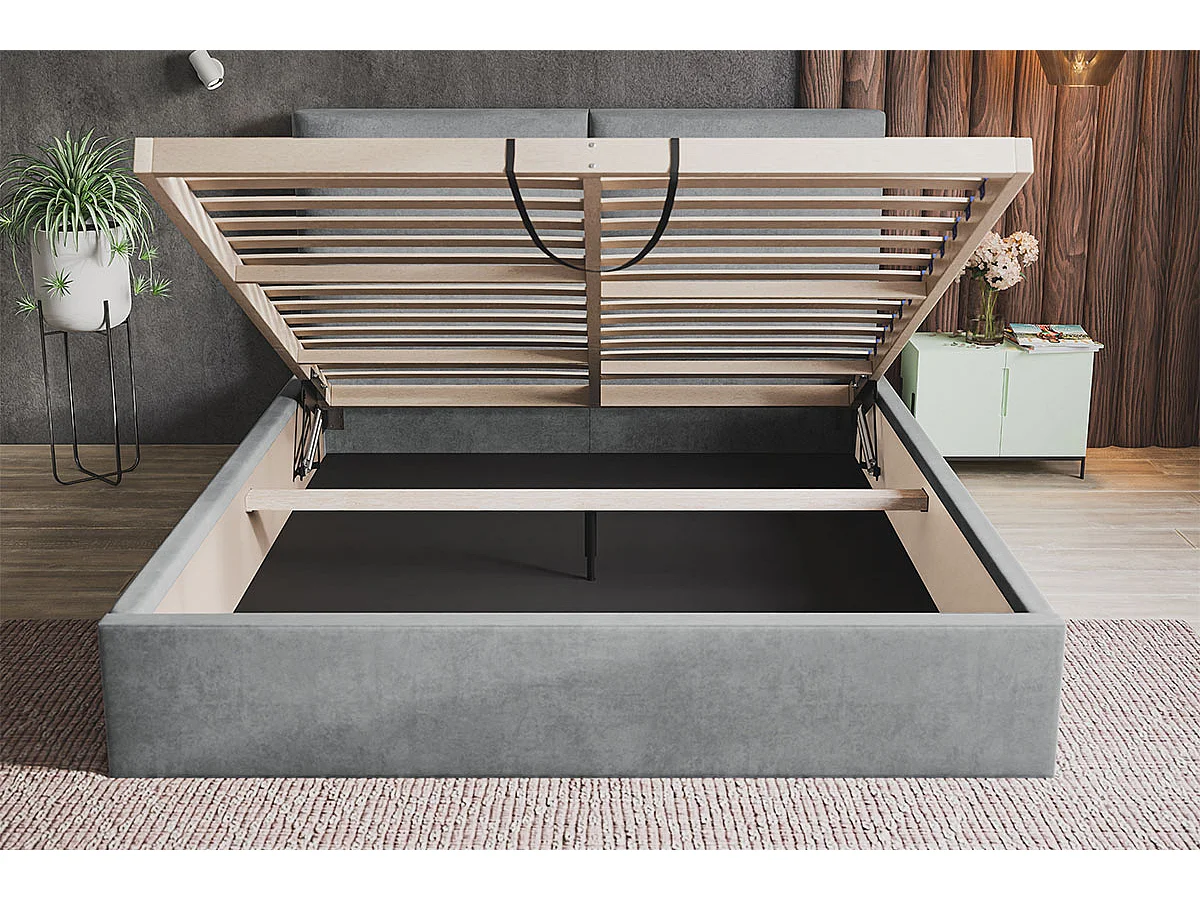 Emporius Lit coffre 140 x 200 cm Terra - Lit adulte 140x200 - Lit rembourré avec Rangment, Tissu Velvet - Gris clair (Jasmine 90)