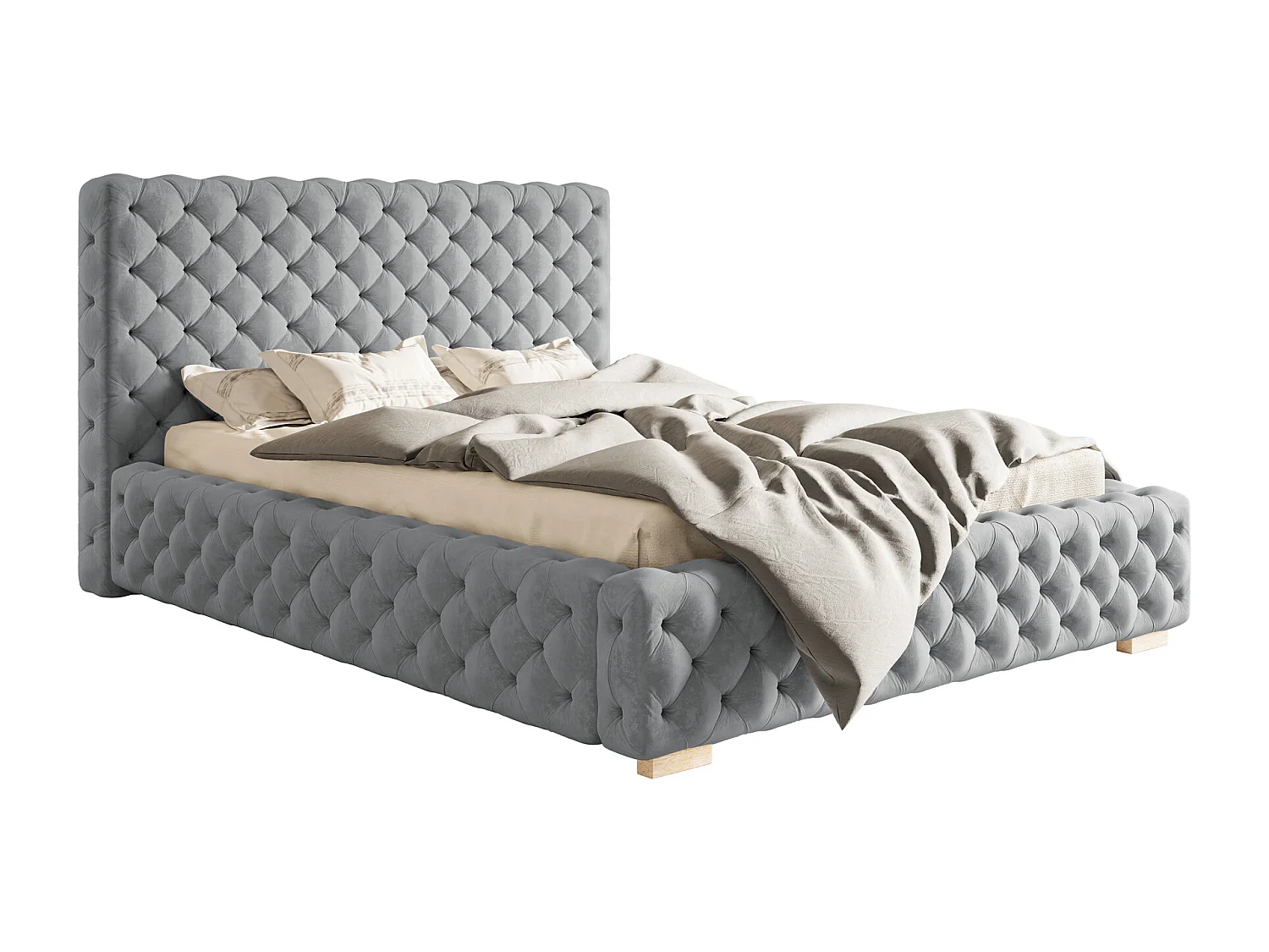Emporius Polsterbett 140 x 200 cm Adonis, Chesterfield, Glamour - Polsterbett mit Bettkasten, Samtstoff Hellgrau (Jasmine 90)