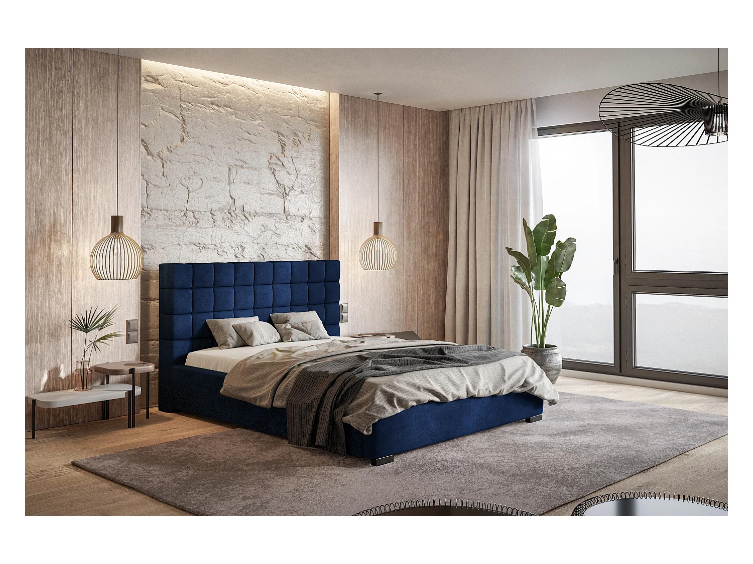 Emporius Lit 160x200 adulte avec Rangement Noris - Lit double Lit rembourré avec Tete de Lit - Velvet Bleu (Kronos 09)