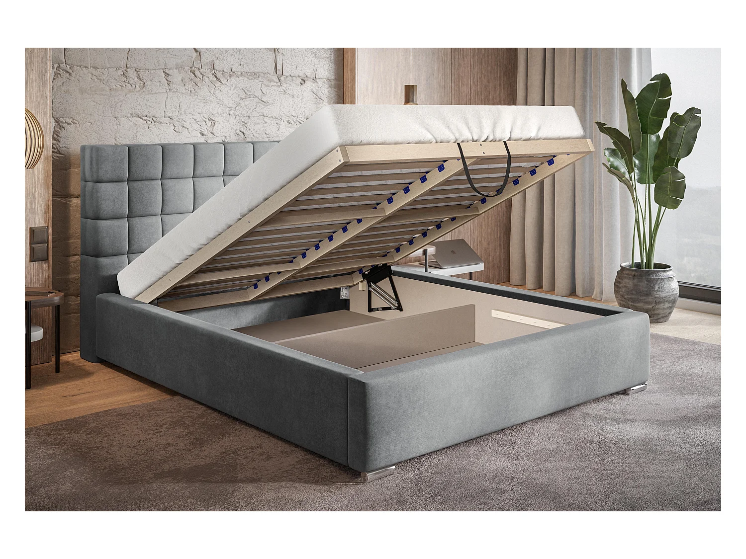 Emporius Lit 160x200 adulte avec Rangement Noris - Lit double Lit rembourré avec Tete de Lit - Velvet Bleu (Kronos 09)