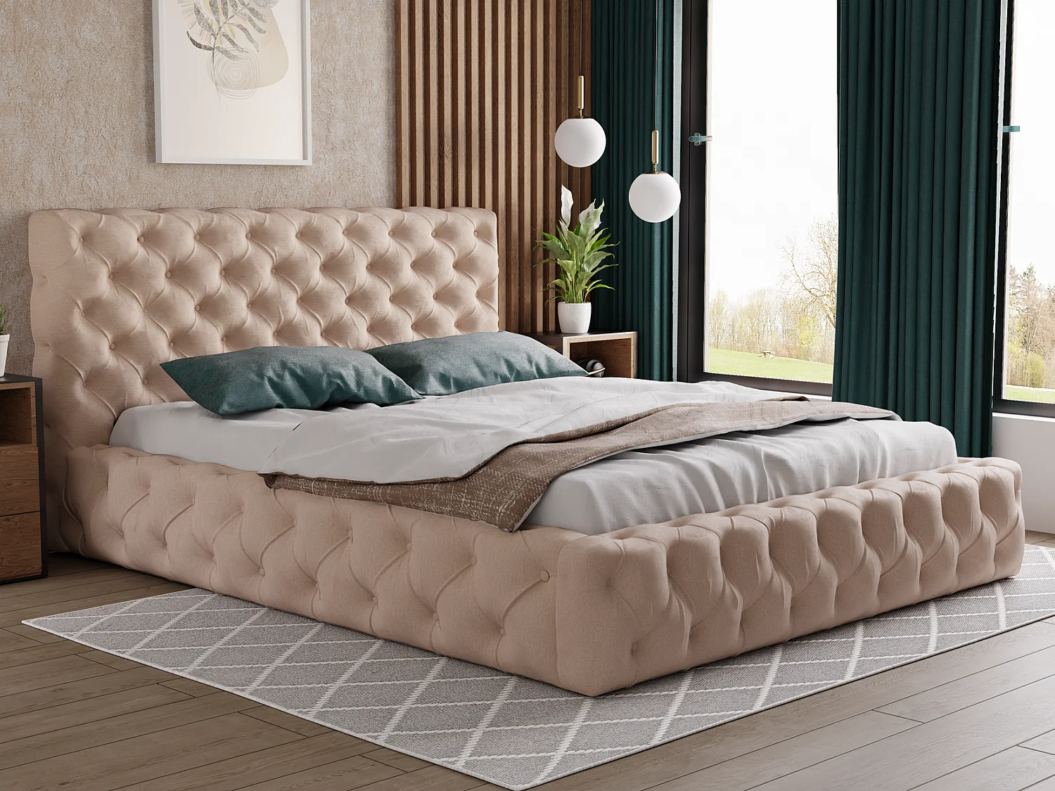 Emporius Lit coffre 160x200 Glory - Lit double 160 x 200 cm, lit capitonné, stoff Velours Beige (Kronos 35)