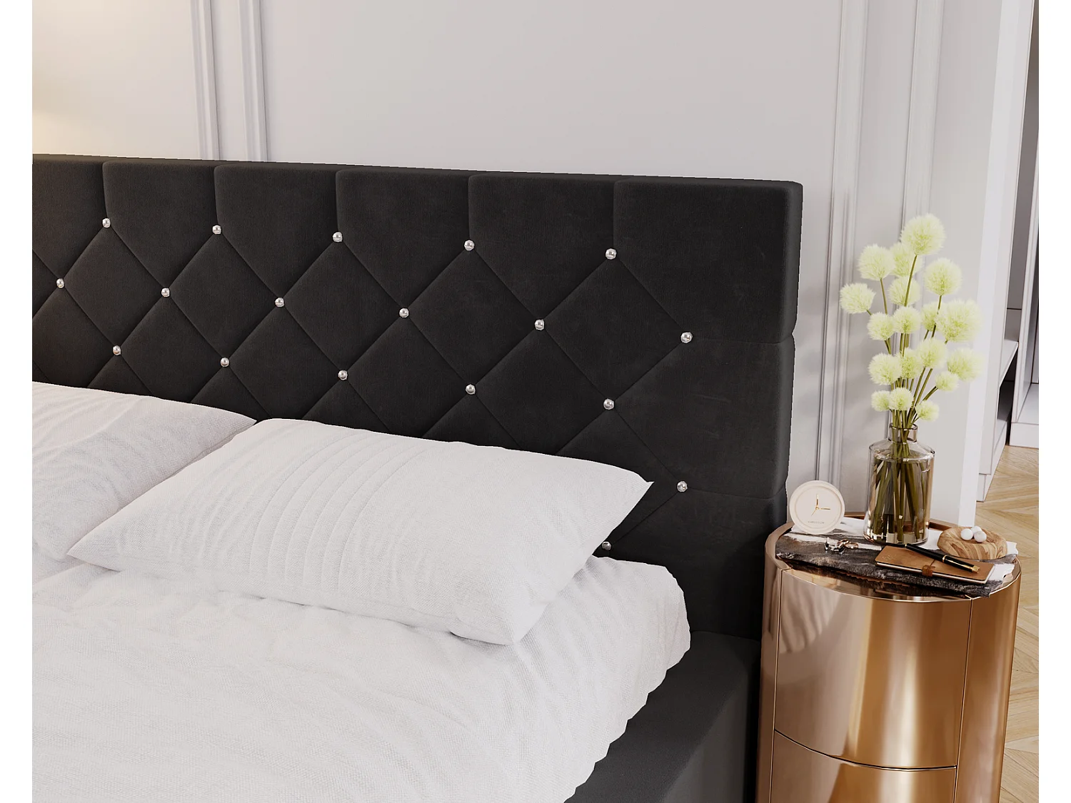 Emporius Solar łóżko tapicerowane 160x200 cm - eleganckie łóżko w stylu glamour - kryształki, pojemnik i stelaż, tkanina aksamitna, czarny (Magic Velvet 2219)