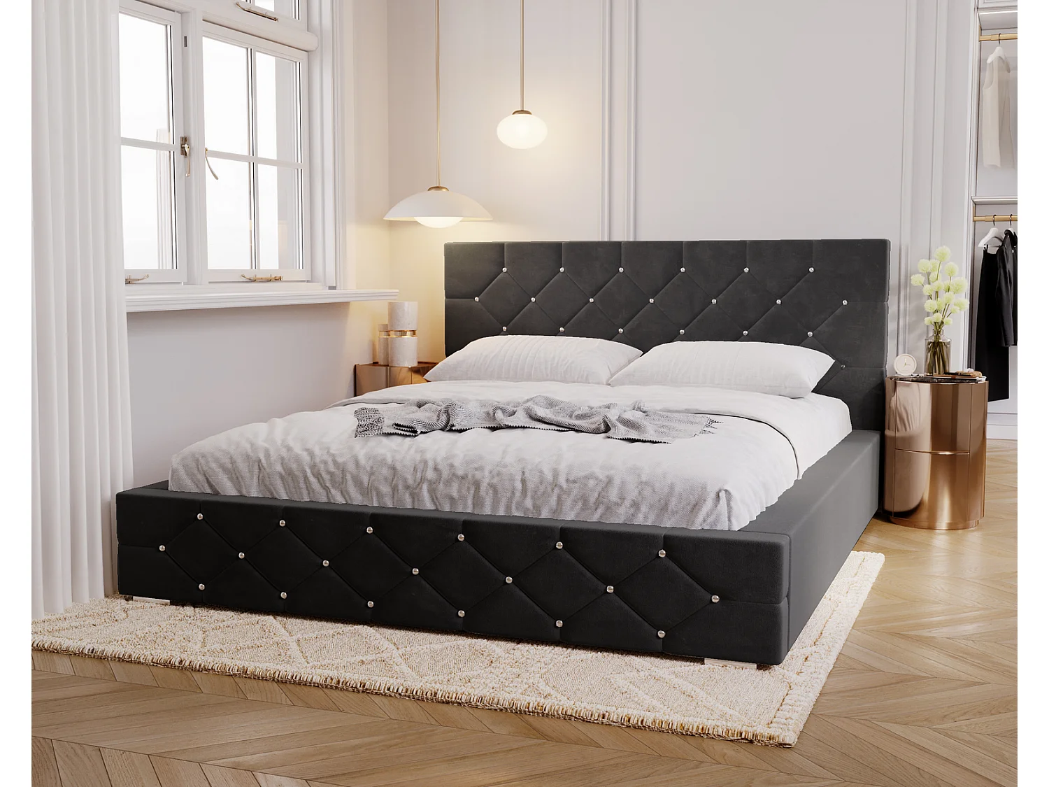 Emporius Lit capitonné 160x200 Solar, Lit double 160 x 200 cm, lit adulte avec Rangment, stoff Velours Noir (Magic Velvet 2219)