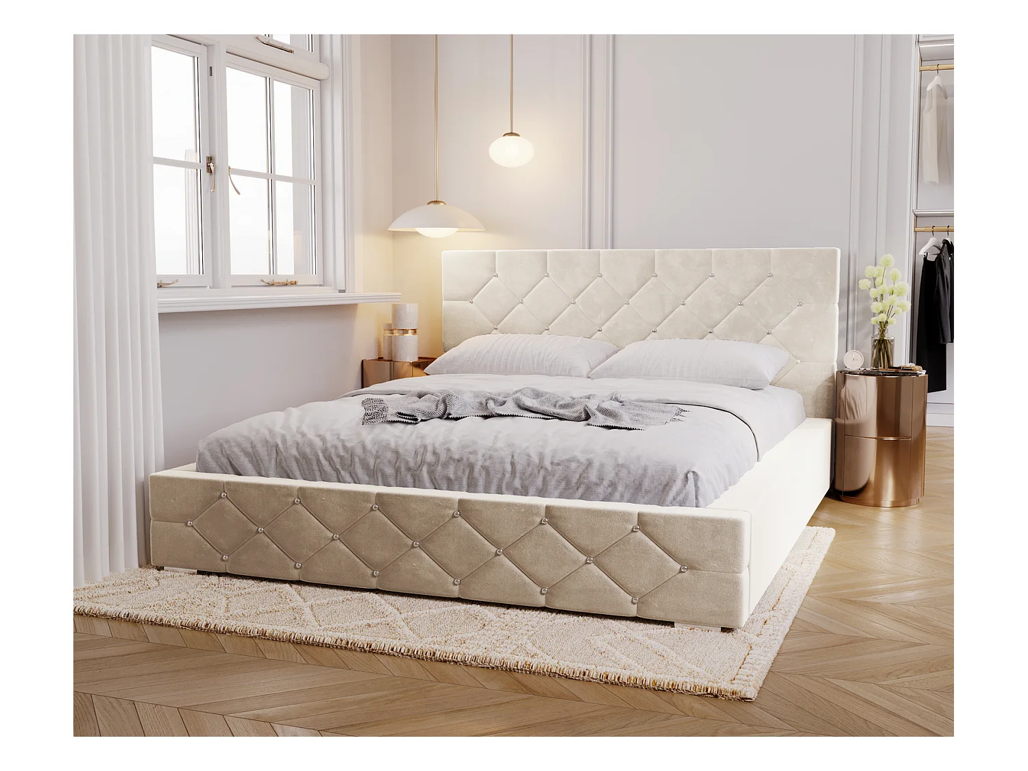 Emporius Lit capitonné 180x200 Solar, Lit double 180 x 200 cm, lit adulte avec Rangment, stoff Velours Beige (Magic Velvet 2201)