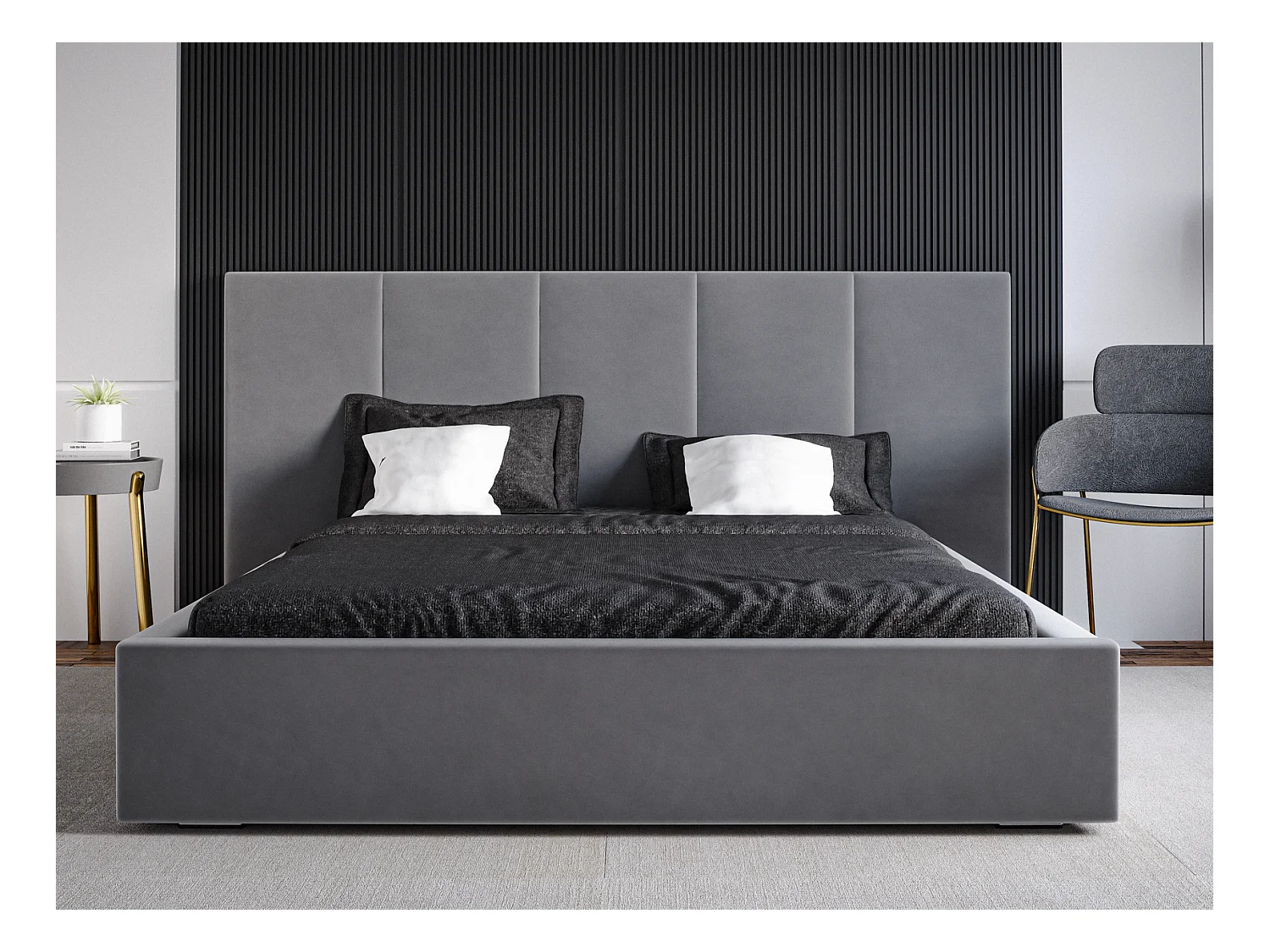 Emporius Lit rembourré 160 x 200 cm Praga - Lit avec Rangement, stoff Gris (Magic Velvet 2217)