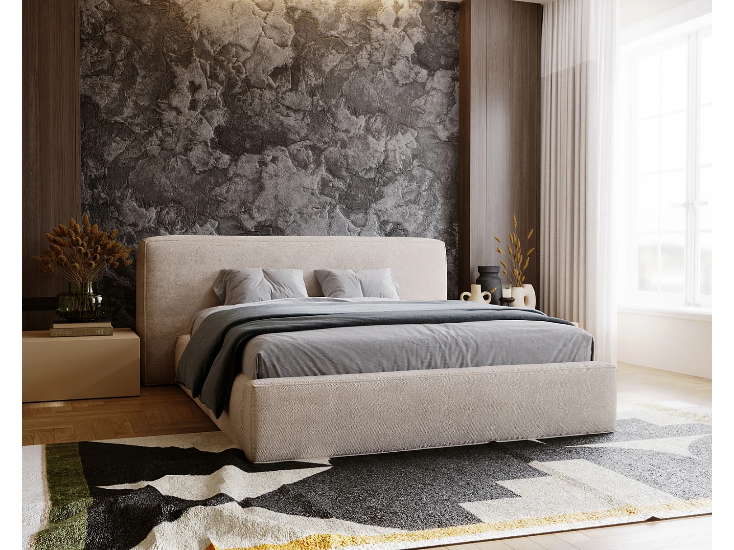 Emporius Lit 180x200 cm Vitoria - Lit adulte avec Tete de Lit, avec Rangement - Lit Beige (Symphony 3)