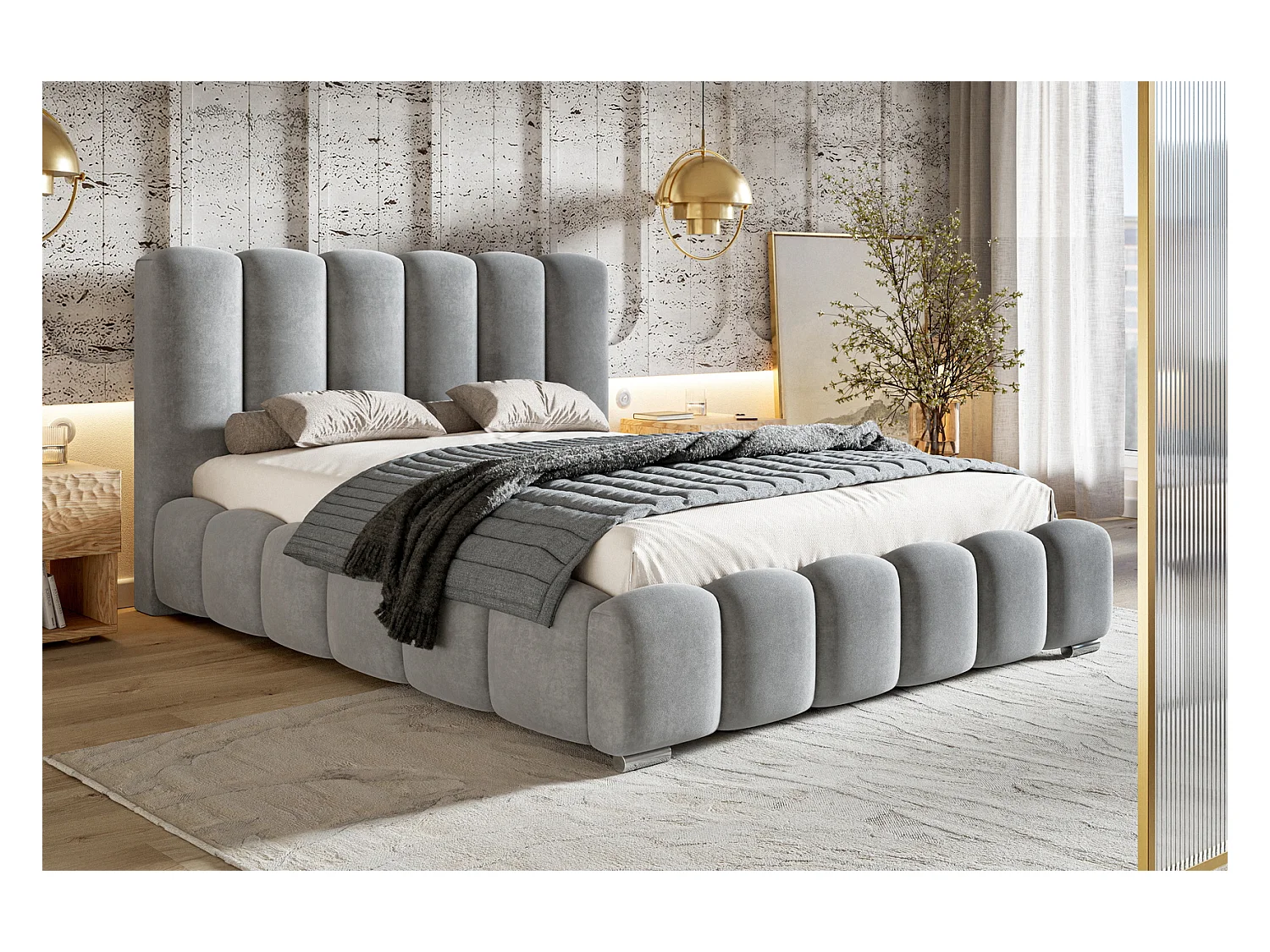 Emporius Lit capitoné 180x200 cm Pearl, Lit double avec sommier à Lattes, lit 180x200 Gris (Amor Velvet 4318)