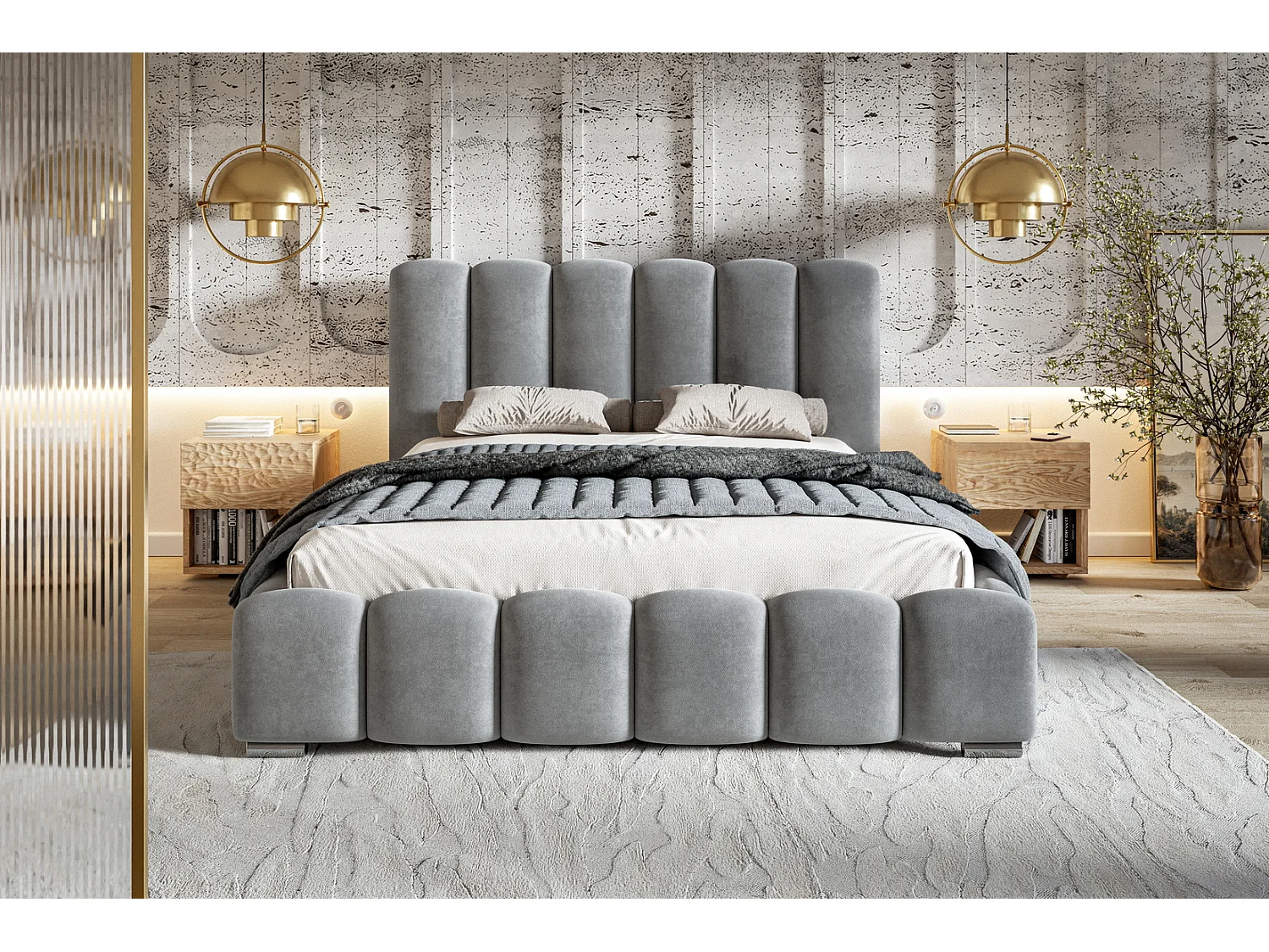 Emporius Lit capitoné 180x200 cm Pearl, Lit double avec sommier à Lattes, lit 180x200 Gris (Amor Velvet 4318)