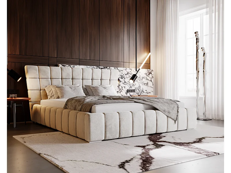 Emporius Lit rembourré 140x200 cm Deluxe, stoff, Lit Double avec Rangement - Lit Beige (Magic Velvet 2201)